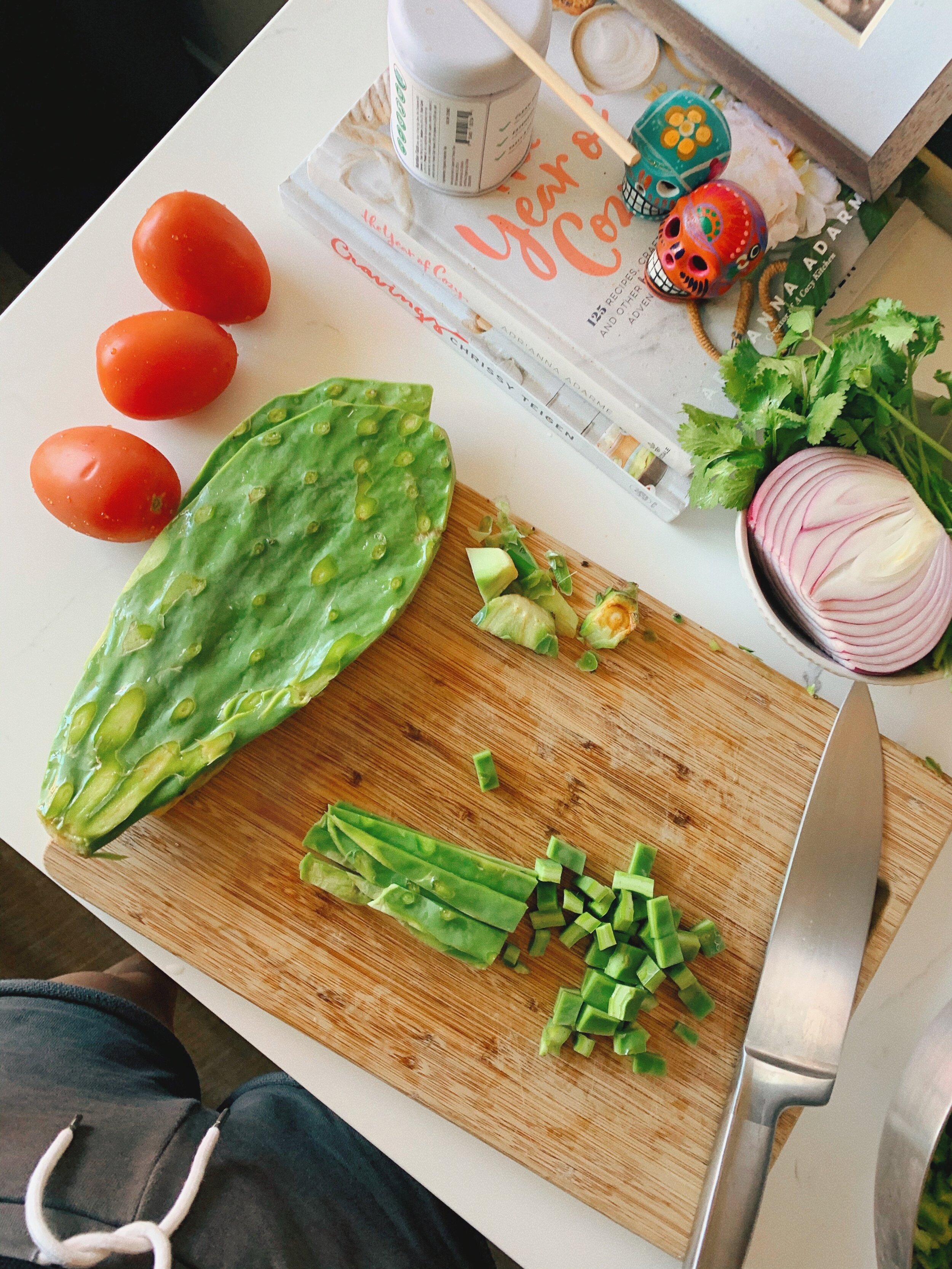Prepping the ingredients for the Cactus Pico de Gallo