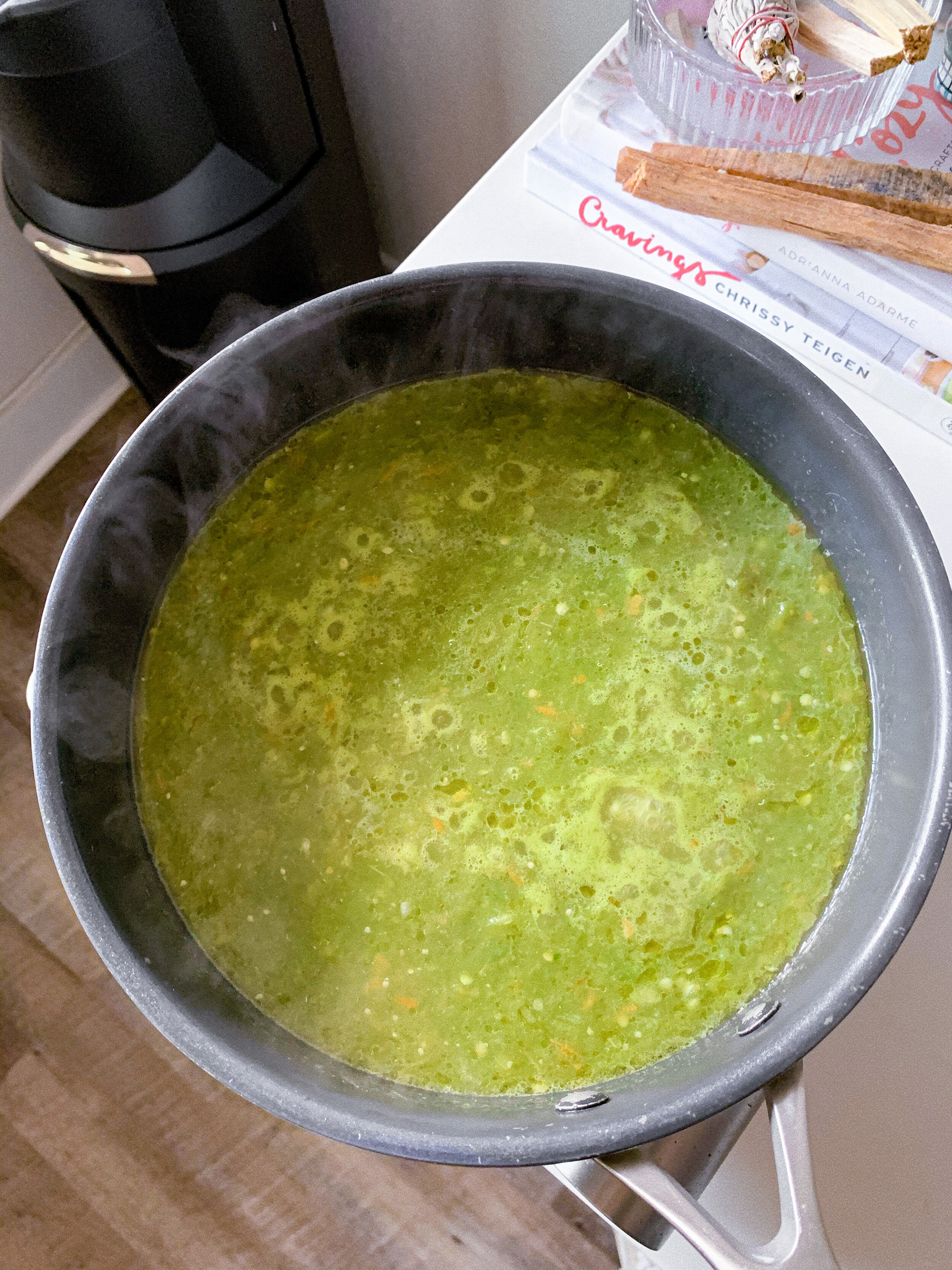 Frying the salsa verde in a saucepan