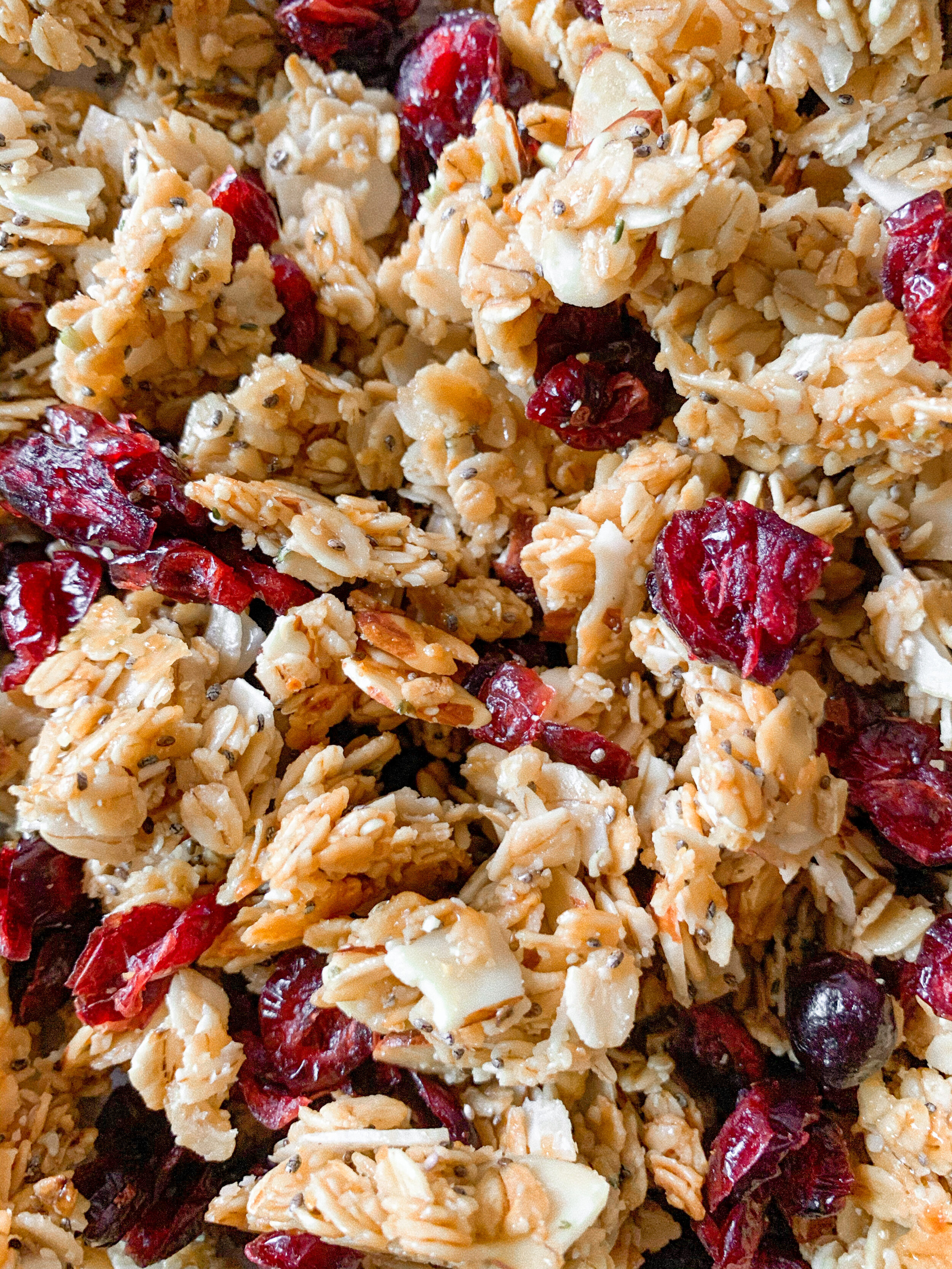 Fresh homemade coconut cranberry granola straight out of the oven
