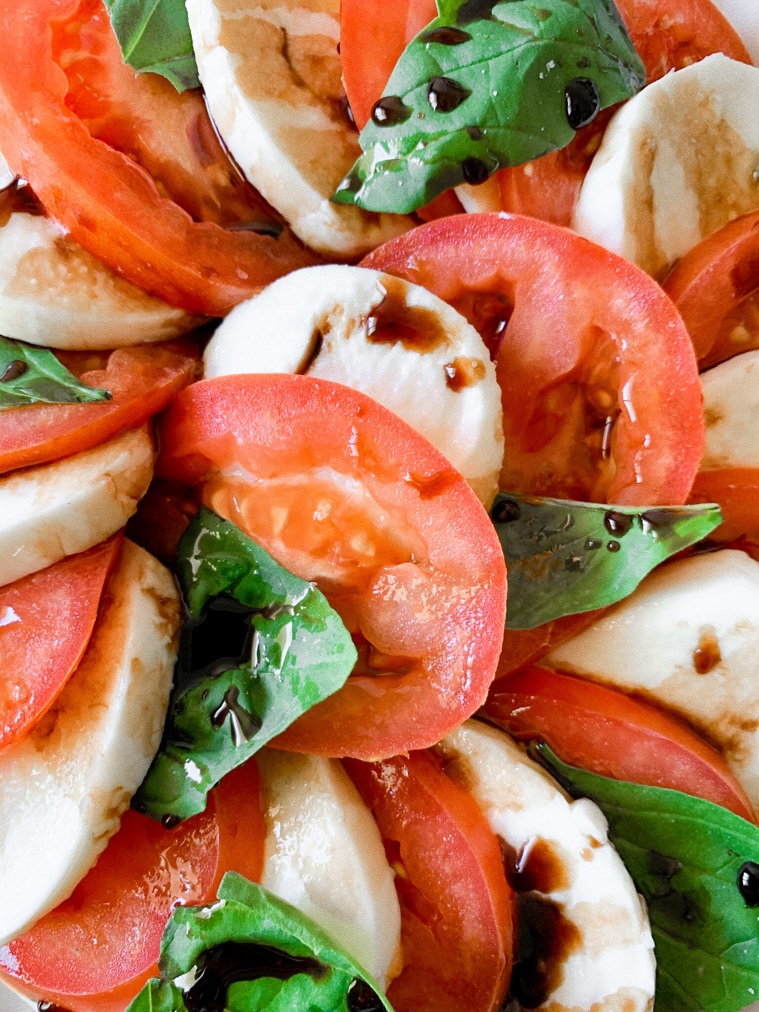 Close-up of the prepped and plated caprese salad