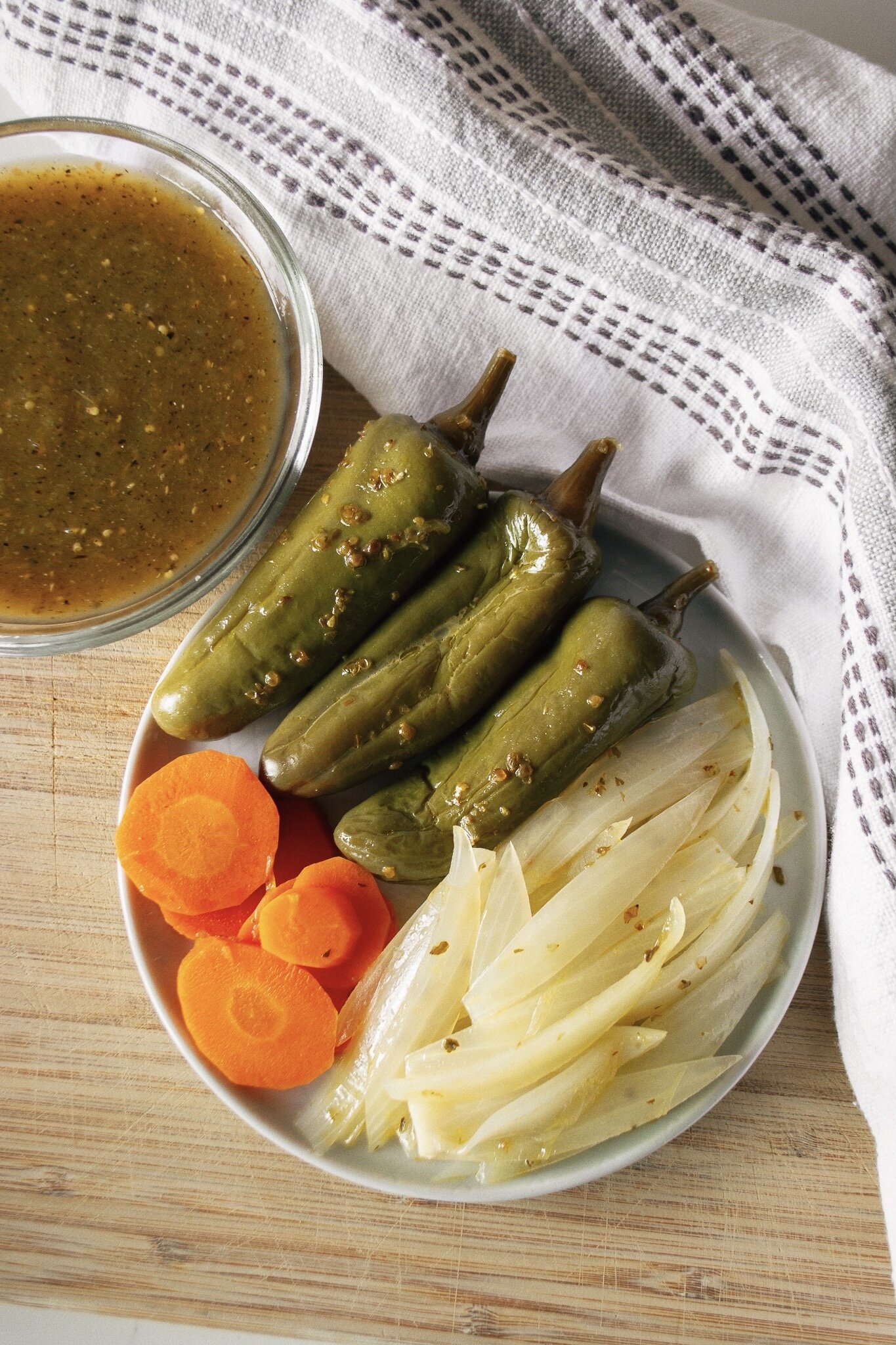 Layout of the escabeche and salsa verde before prepping into Salsa Escabeche