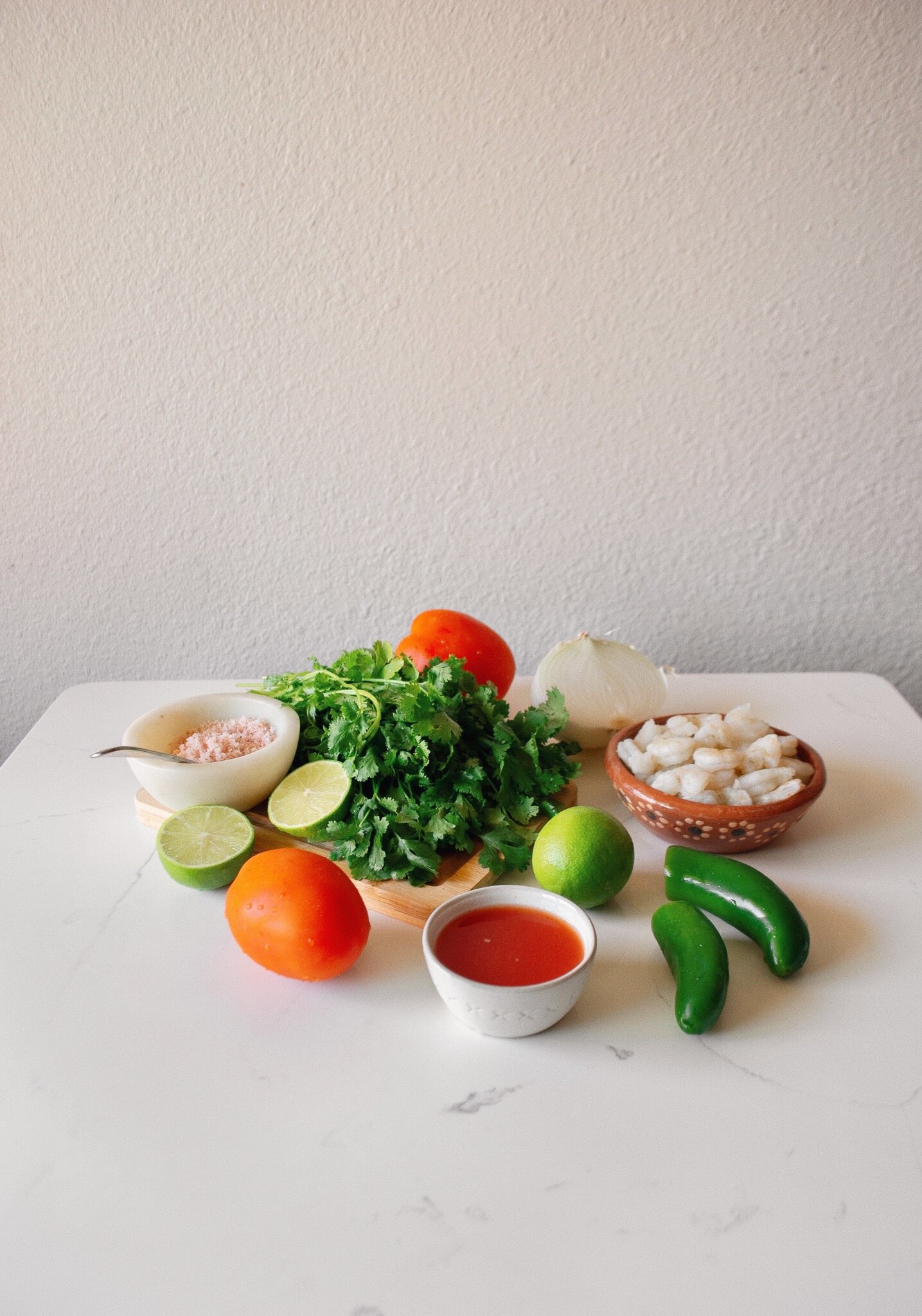 Layout of the Mexican Shrimp Ceviche with Clamato ingredients.