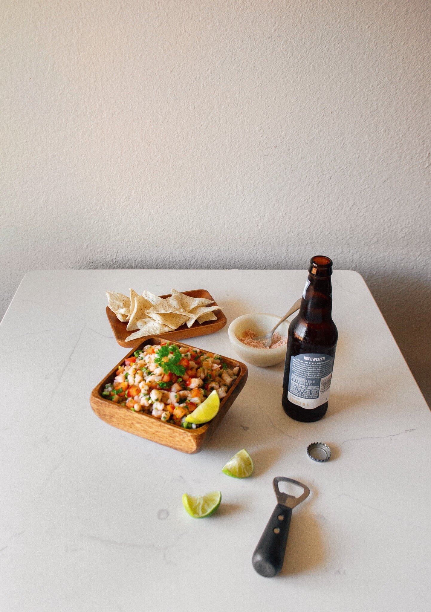 Enjoying the Mexican Shrimp Ceviche with an ice cold beer.