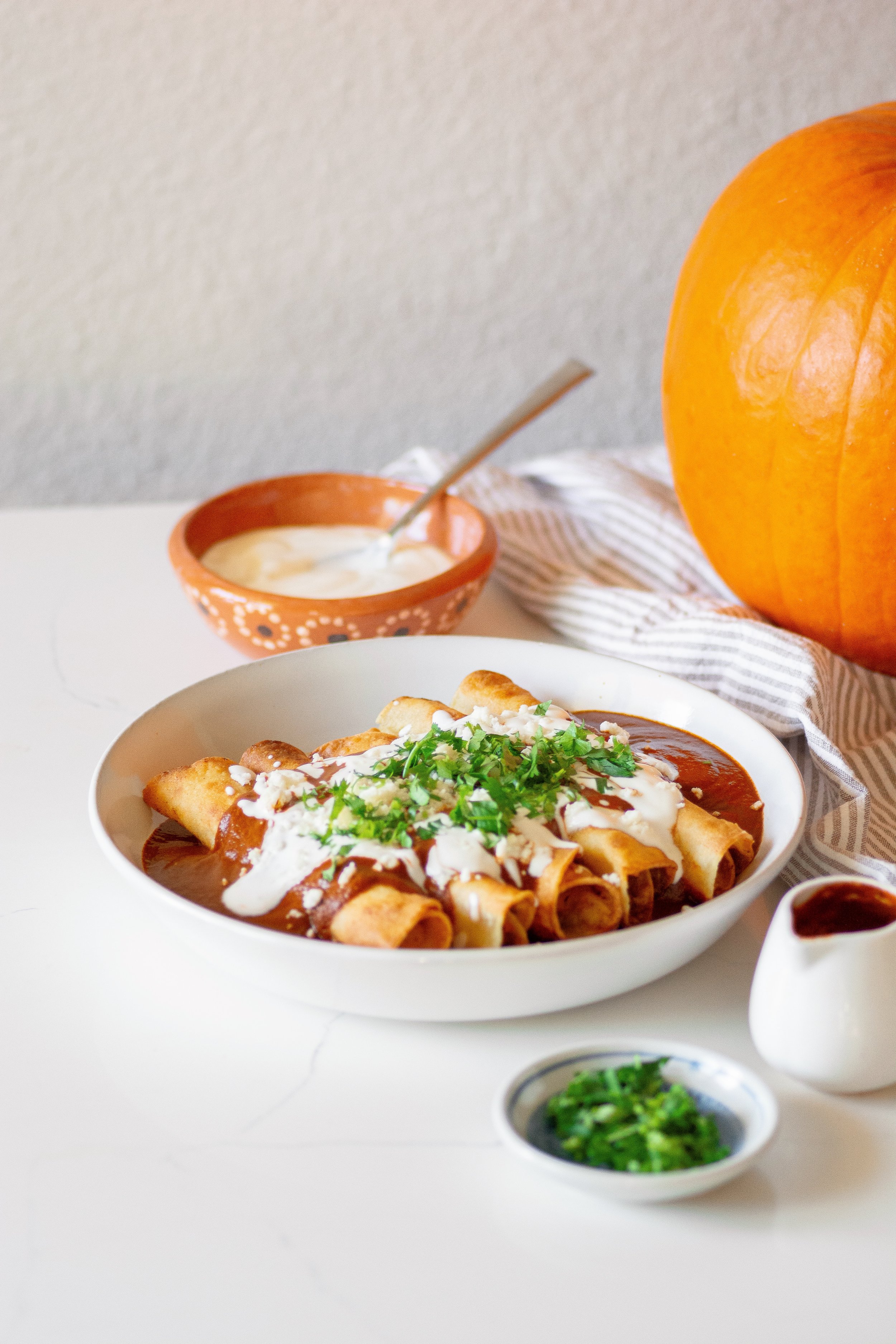 Plated  Crispy Pumpkin and Potato Taquitos with Homemade Mole Sauce