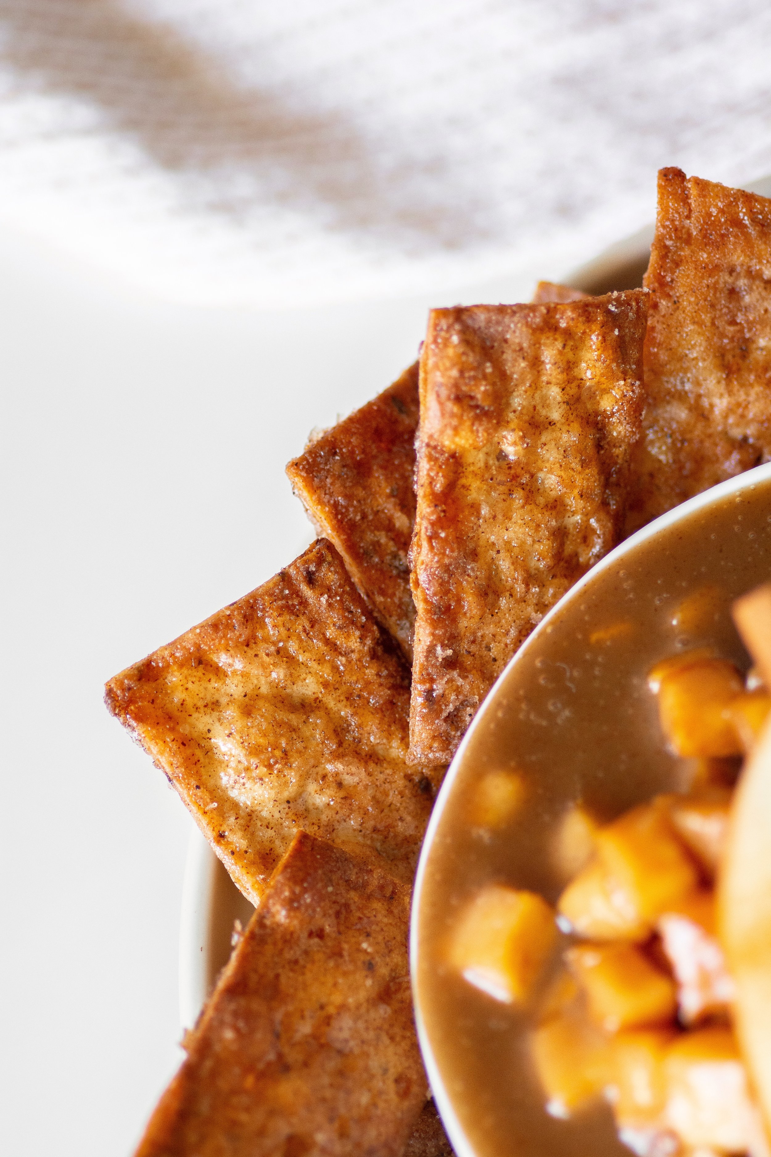 Close up of  Oven-Baked Cinnamon Sugar Chips with Salted Caramel Apple Pie Dip