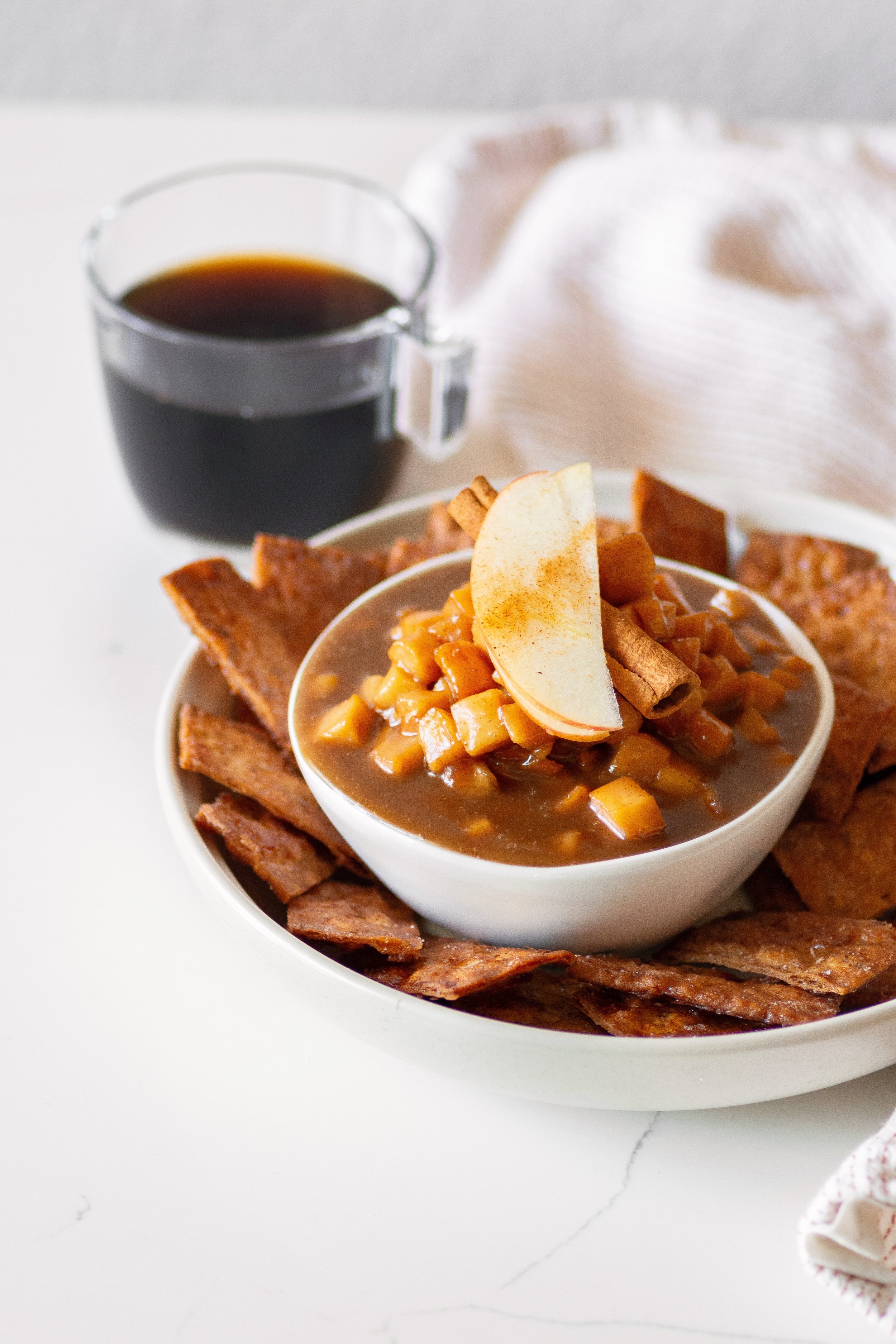 Oven-Baked Cinnamon Sugar Chips with Salted Caramel Apple Pie Dip with coffee