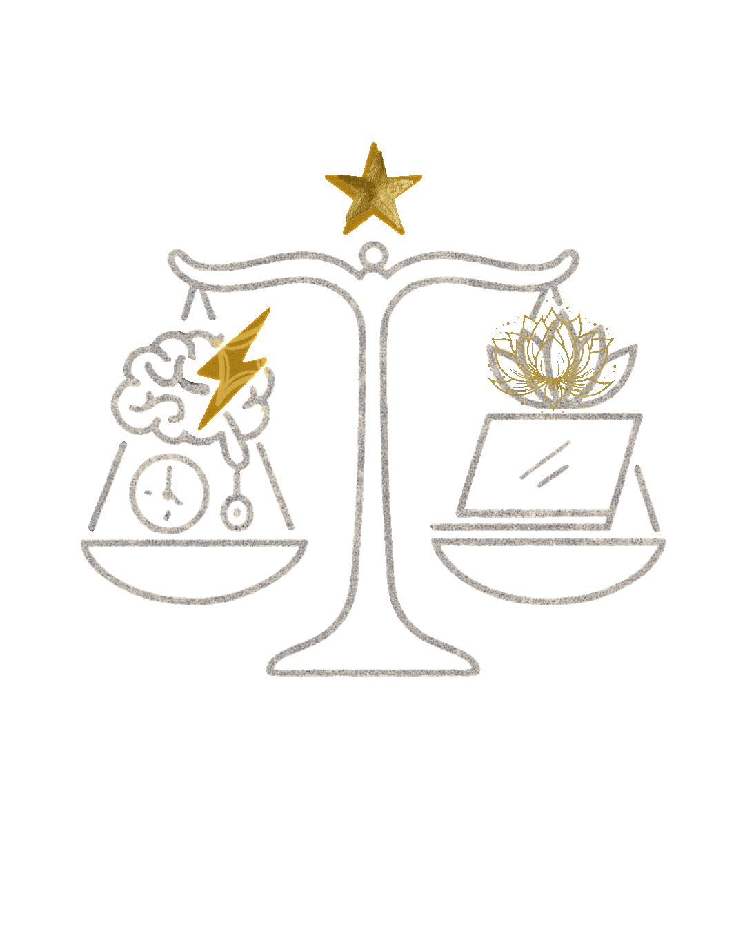 Outline of a balanced scale with a gold star at the top, a goddess lotus flower on the right side, and a brain with a lightning bolt and a clock on the left side.