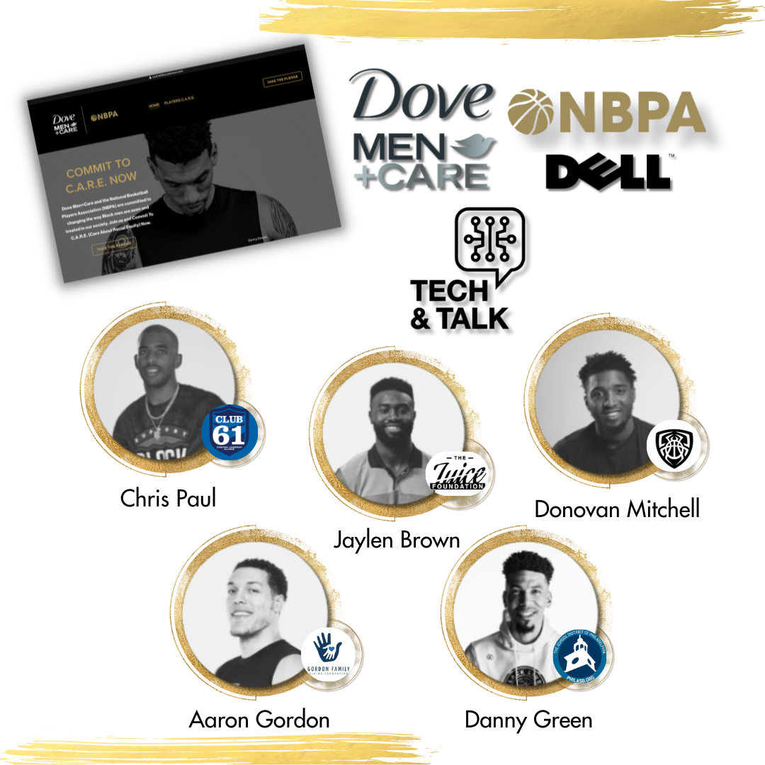 Collage promoting Dove Men+Care and NBPA partnership, featuring black and white portraits of five male athletes with their respective foundations or logos. Includes text "Commit to C.A.R.E. Now" and logos of Dove Men+Care and NBPA.
