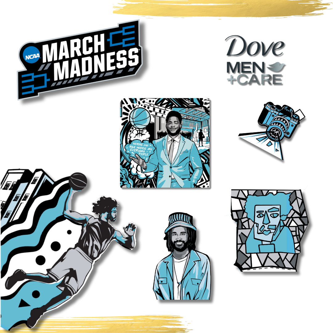 Illustration featuring a basketball player dunking, NCAA March Madness logo, Dove Men+Care branding, a cityscape, abstract art, a portrait of a smiling man in a hat and jacket, and a suited man with basketball imagery.