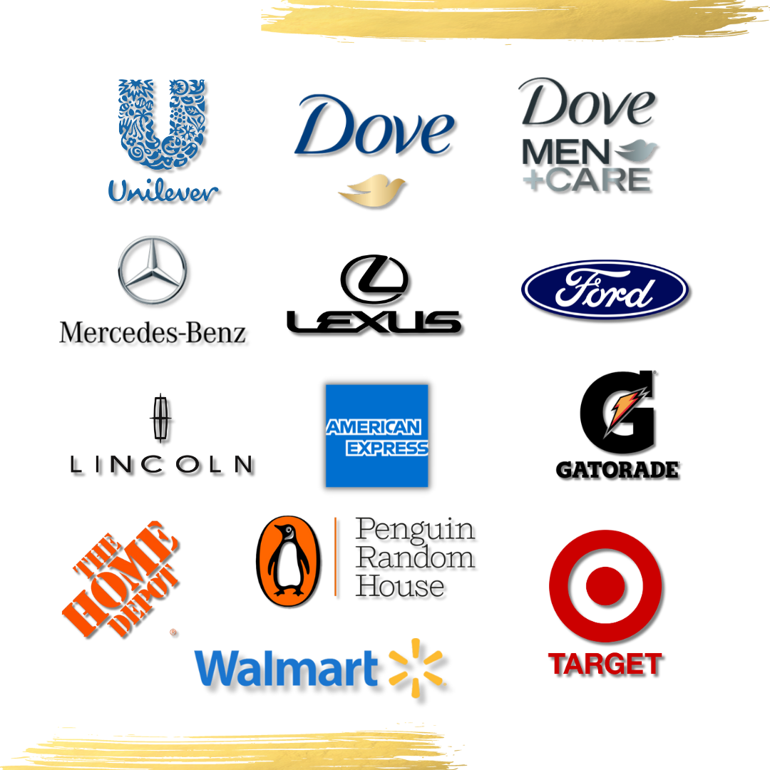 Collage of various brand logos including Unilever, Dove, Dove Men+Care, Mercedes-Benz, Ford, Lincoln, American Express, The Home Depot, Penguin Random House, Walmart, and Target.