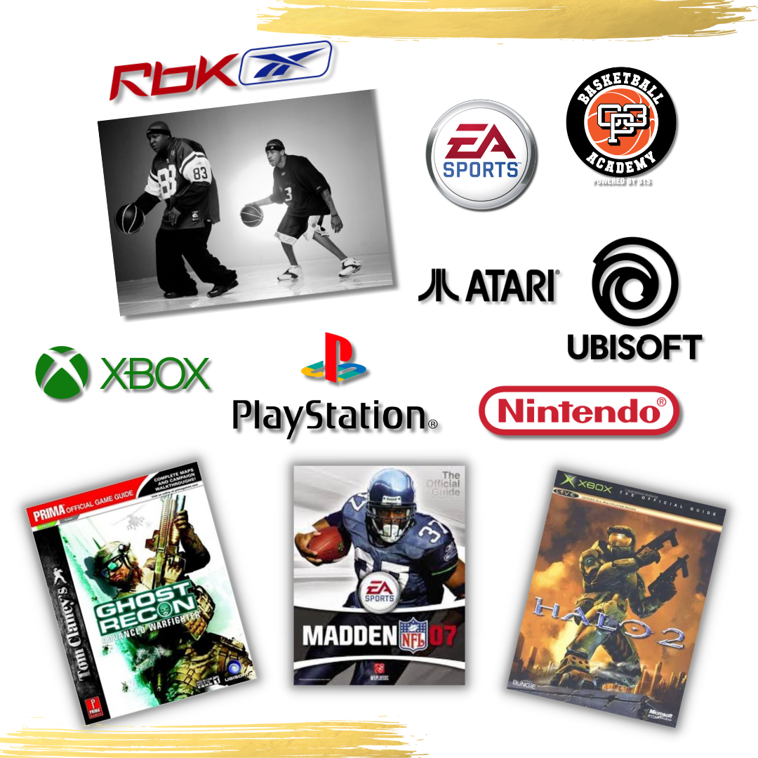 Collage featuring logos for Reebok, EA Sports, CP3 Basketball Academy, Xbox, PlayStation, and Nintendo; a black-and-white image of two people playing basketball; and covers of video games "Ghost Recon: Advanced Warfighter," "Madden NFL 07," and "Halo