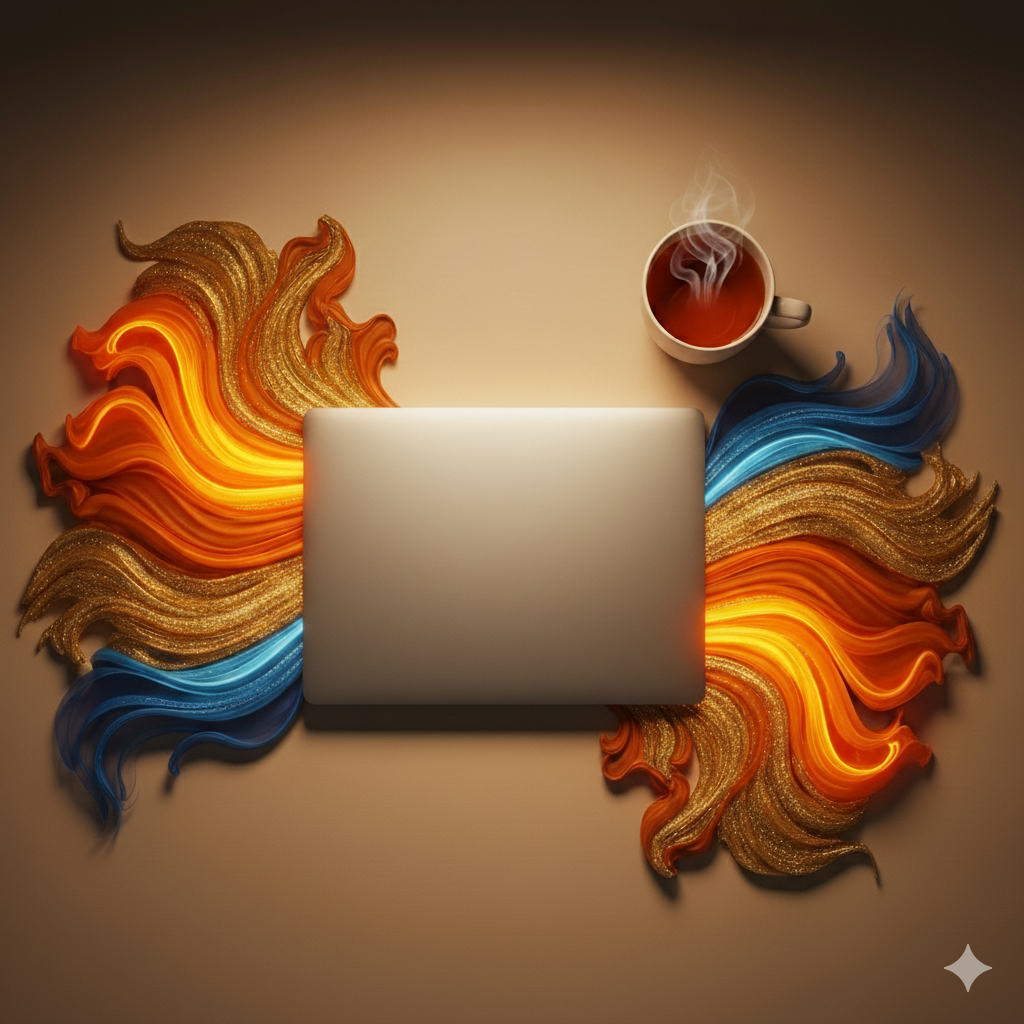 A closed silver laptop on a beige surface surrounded by colorful, swirling yarns in gold, orange, red, and royal blue, with a steaming cup of tea or coffee nearby.