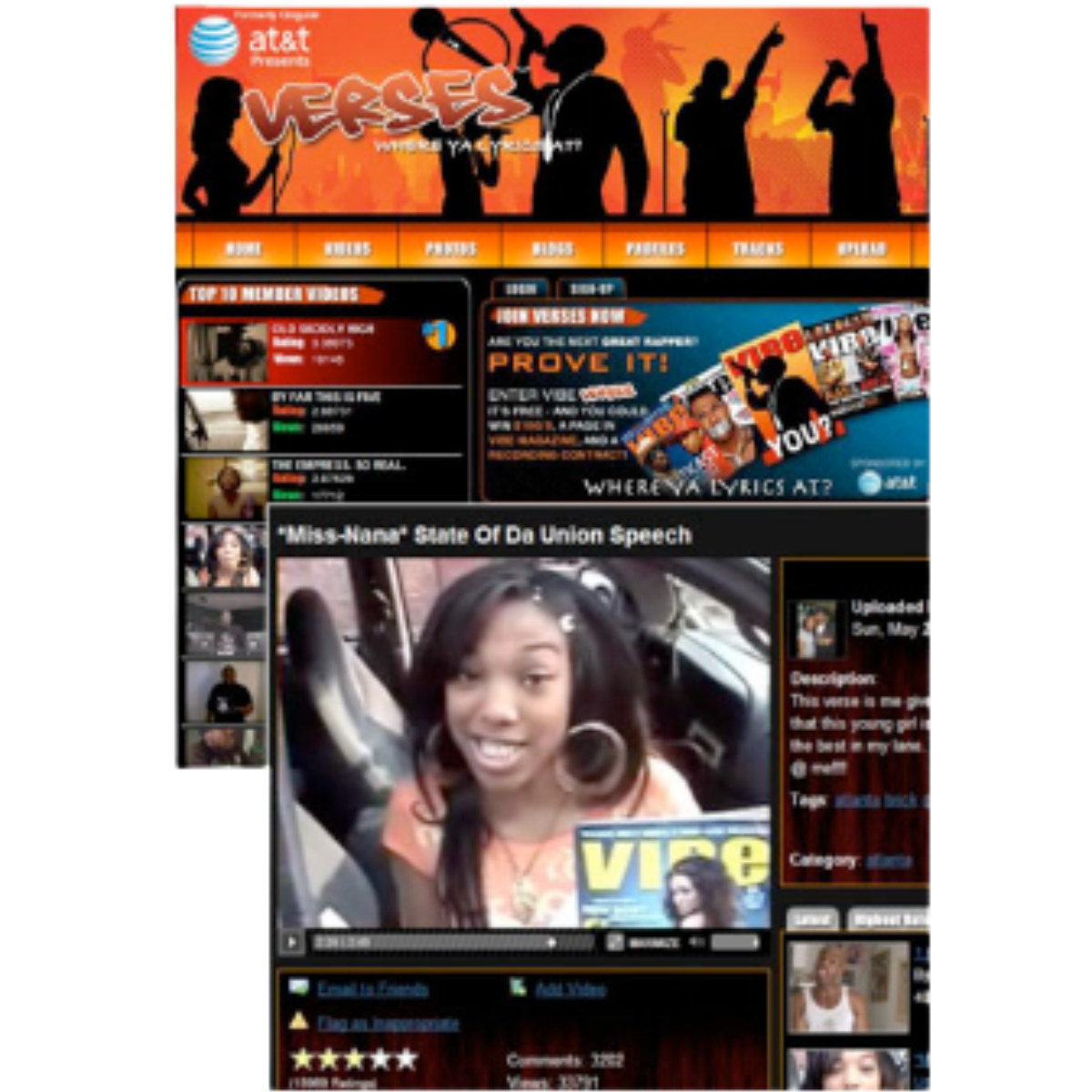 Screenshot of a website or social media page featuring a young girl with long earrings and dark hair, holding a magazine titled 'VICE'. The page has various sections including trending videos, polls, and top videos. The background contains silhouettes of people dancing and microphone icons, with an orange and black color scheme.