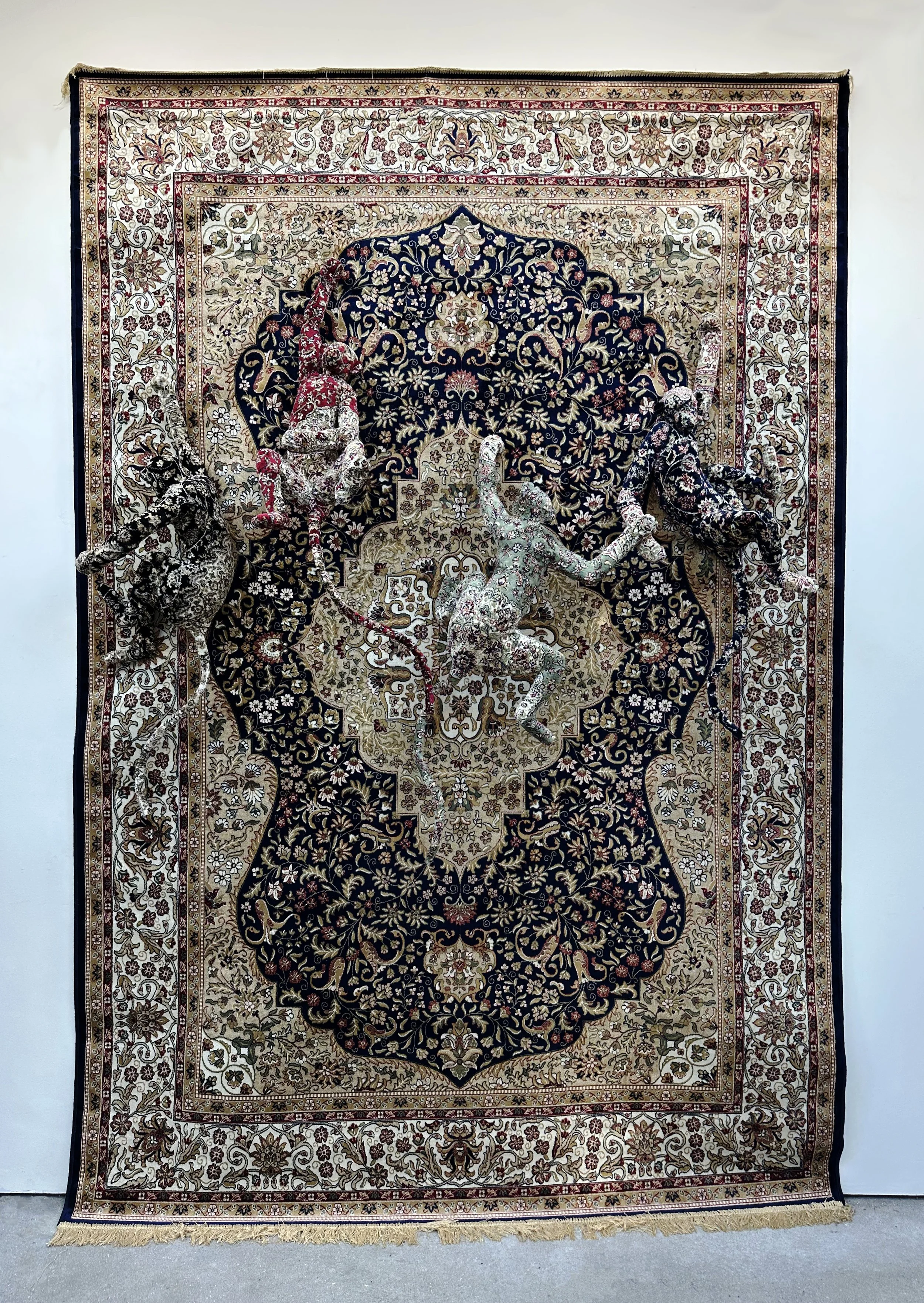 Debbie Lawson,  Monkey Puzzle,  2026, Carpet and mixed media, 116⅛ x 78¾ x 10⅝ in.