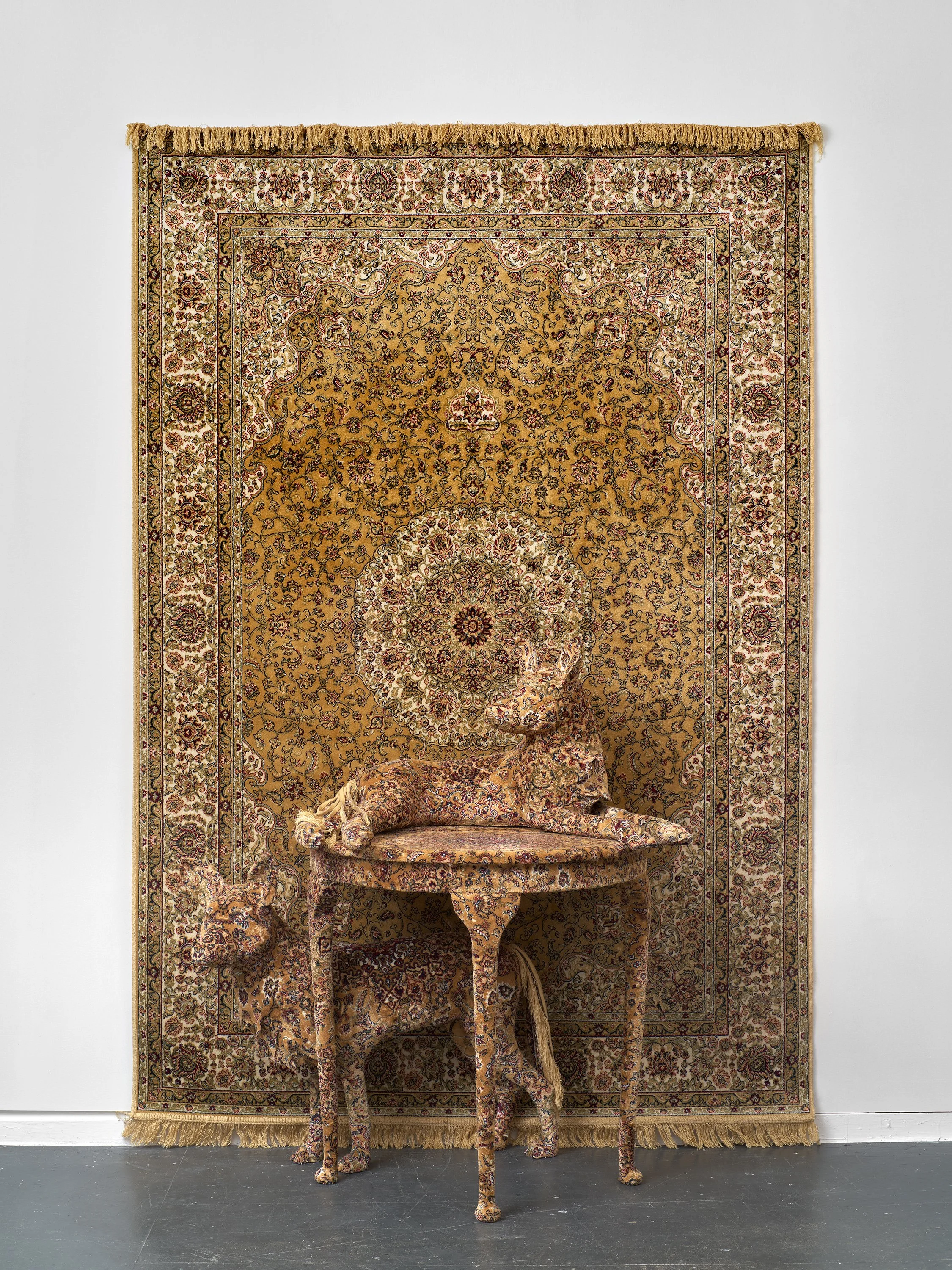 Debbie Lawson,  Wild Dog Sundown,  2025, Carpet and mixed media, 92 1/2 x 61 3/4 x 24 3/4 in.