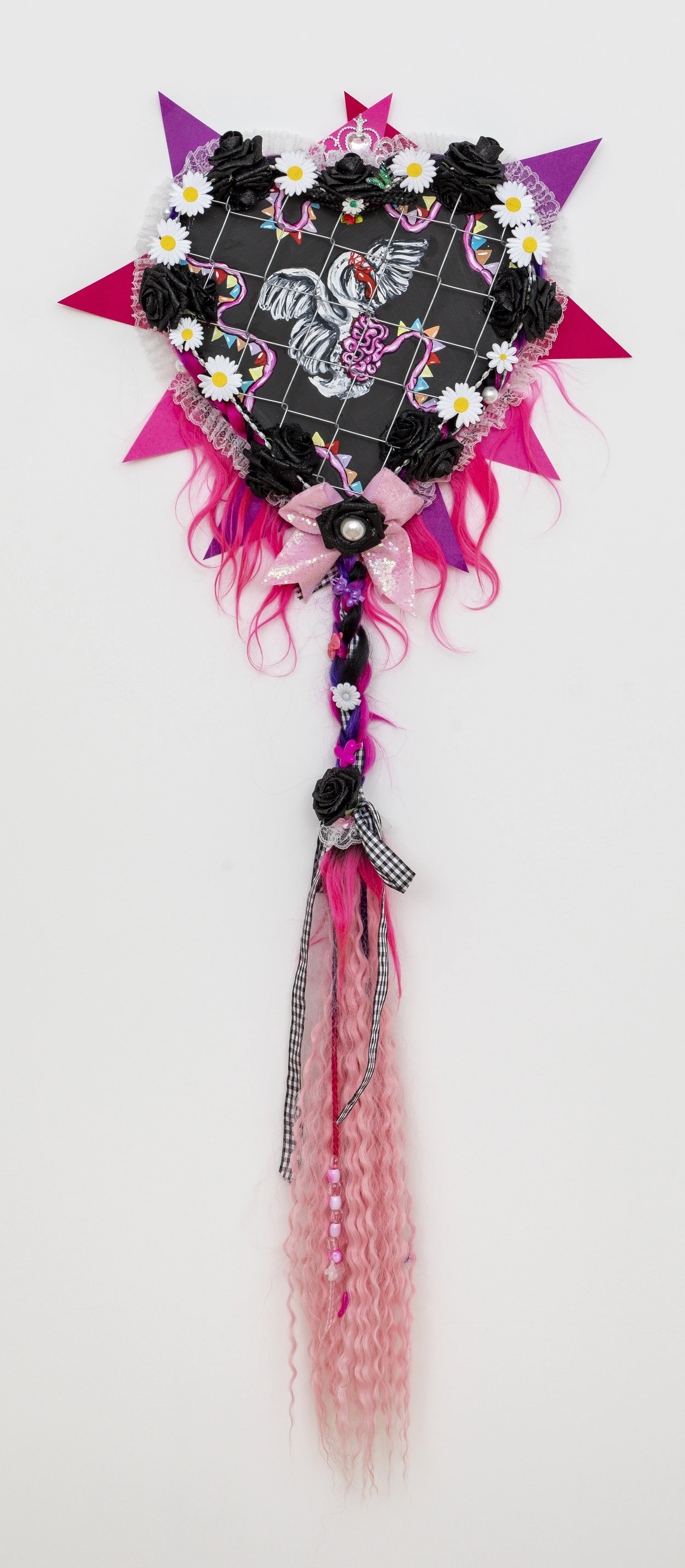 Victoria Dugger,  With Love,  2024, Gouache, metal fencing, and hair on wood panel, 61 x 27 x 5 in.