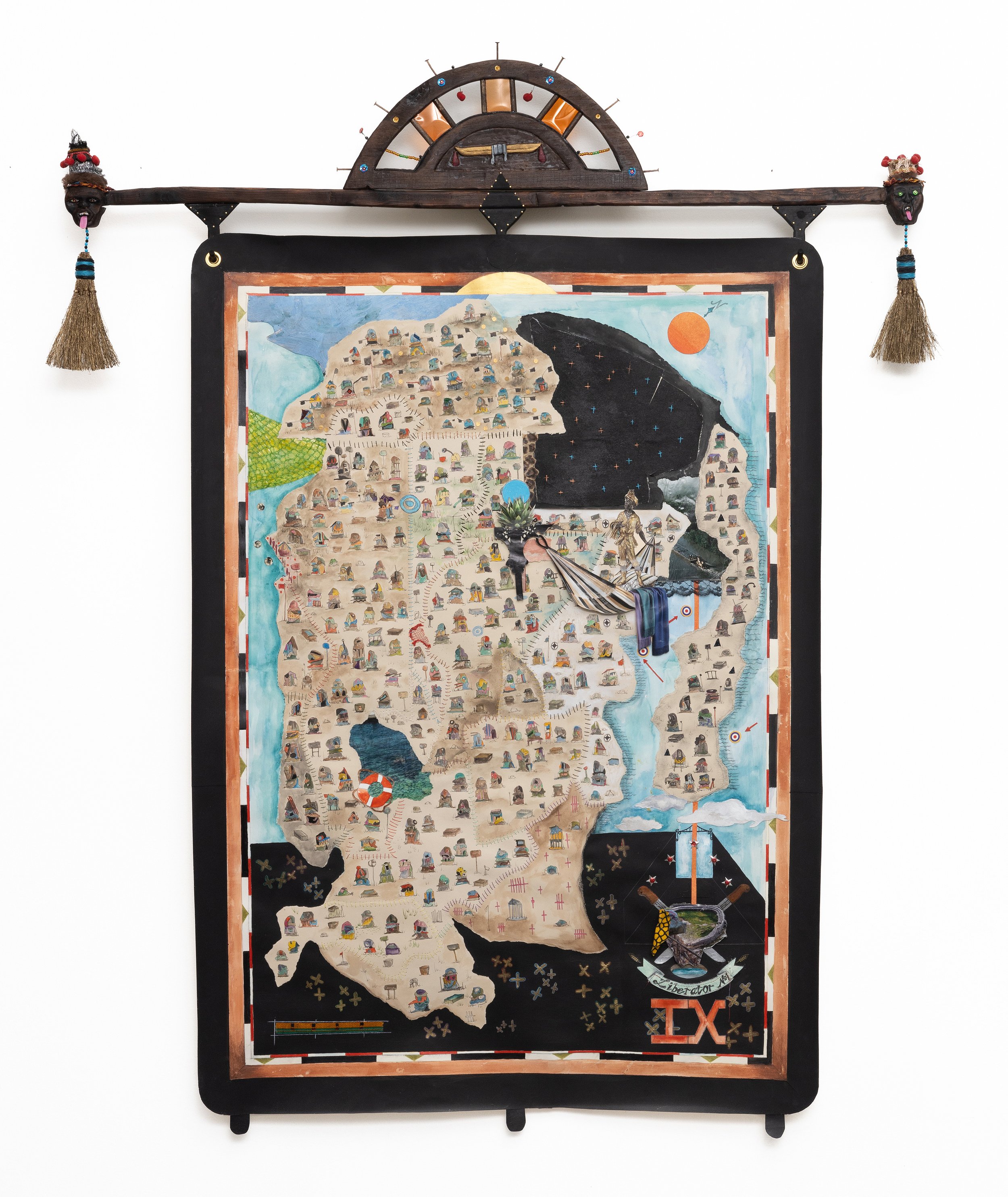 Nyugen E. Smith,  Bundlehouse Borderlines No. 9 (Liberator No. 1),  2023, Watercolor, pen and ink, acrylic, colored pencil, diaspora soil, plastic net, sequins, fabric, thread, graphite, oil pastel, and collage on paper, hand-carved support (wood, fa