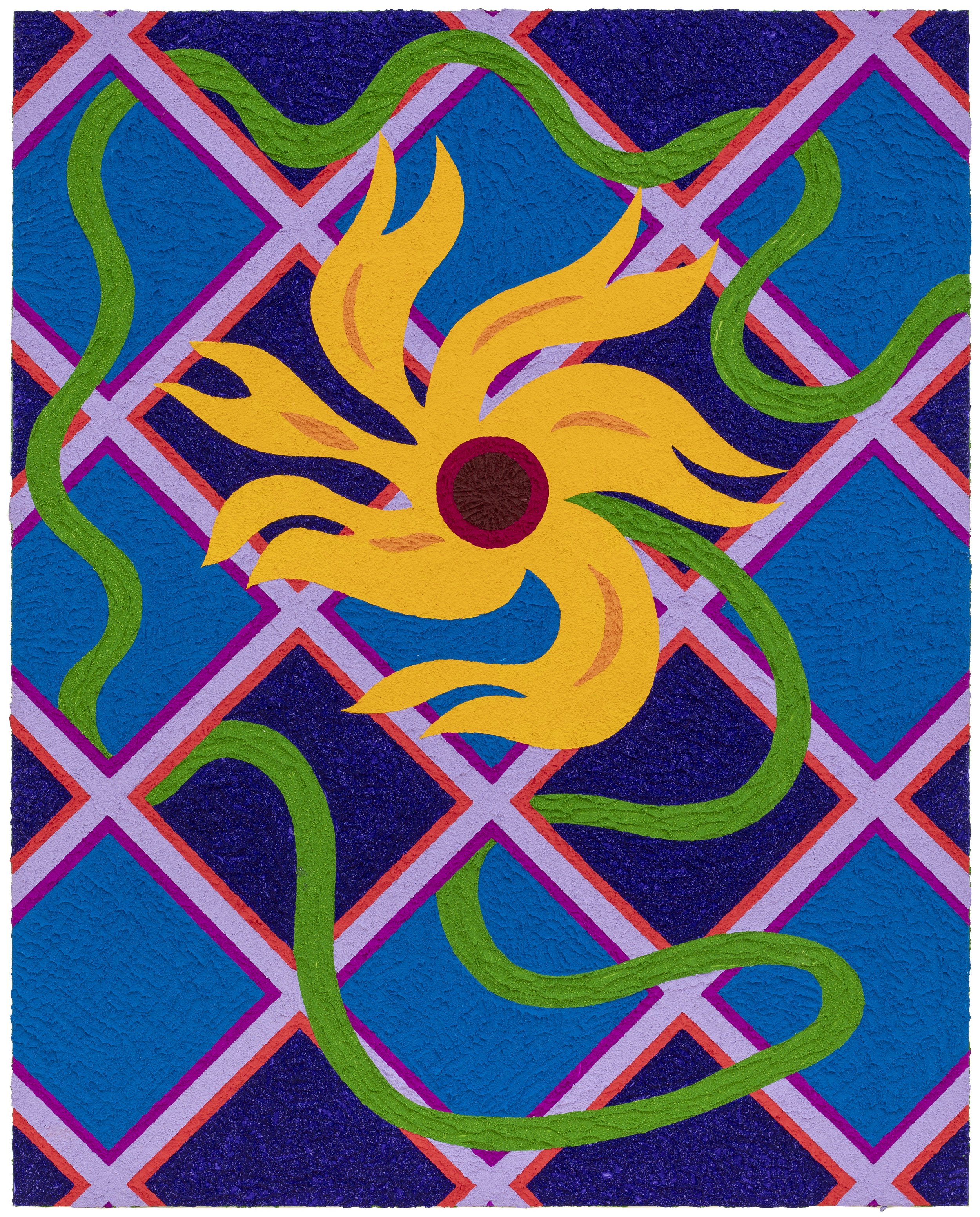 Carlos Rosales-Silva,  Flower Growing Thru a Fence All Day and Night,  2026, Glass bead and crushed stone in acrylic paint on panel, 54 x 50 x 3 in.