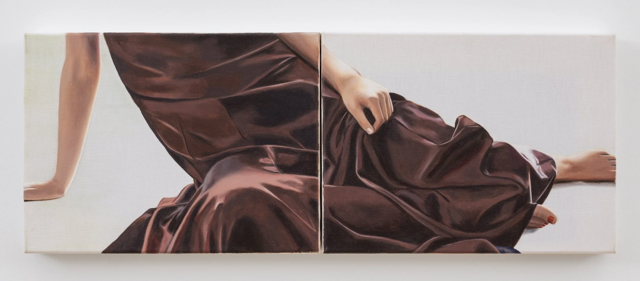 Florence Reekie,  Preen,  2026, Oil on silk mix, 11¾ x 31½ in.