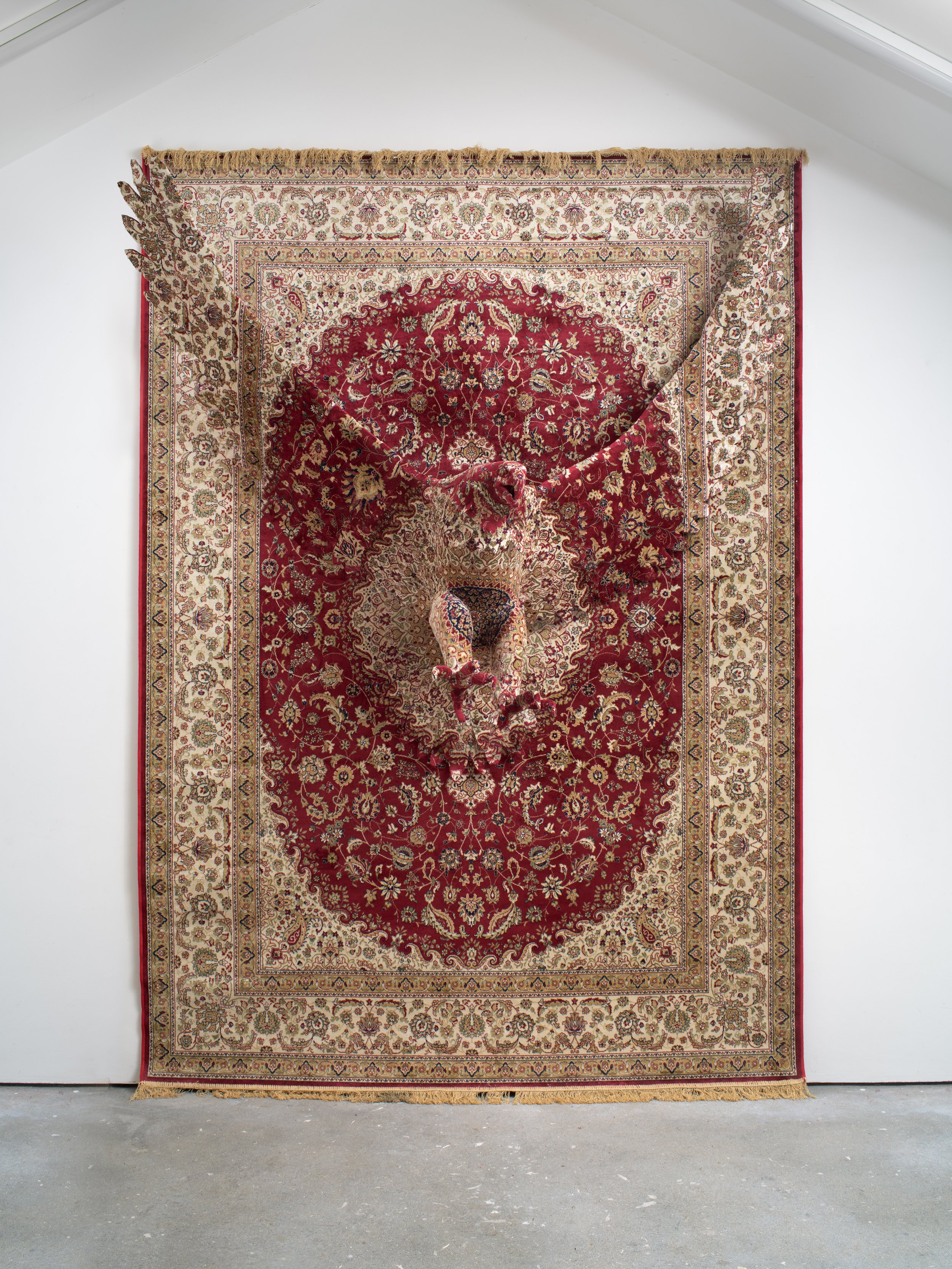 Debbie Lawson,  Red Eagle,  2026, Carpet, steel and mixed media, 116⅛ x 78¾ x 21⅝ in.