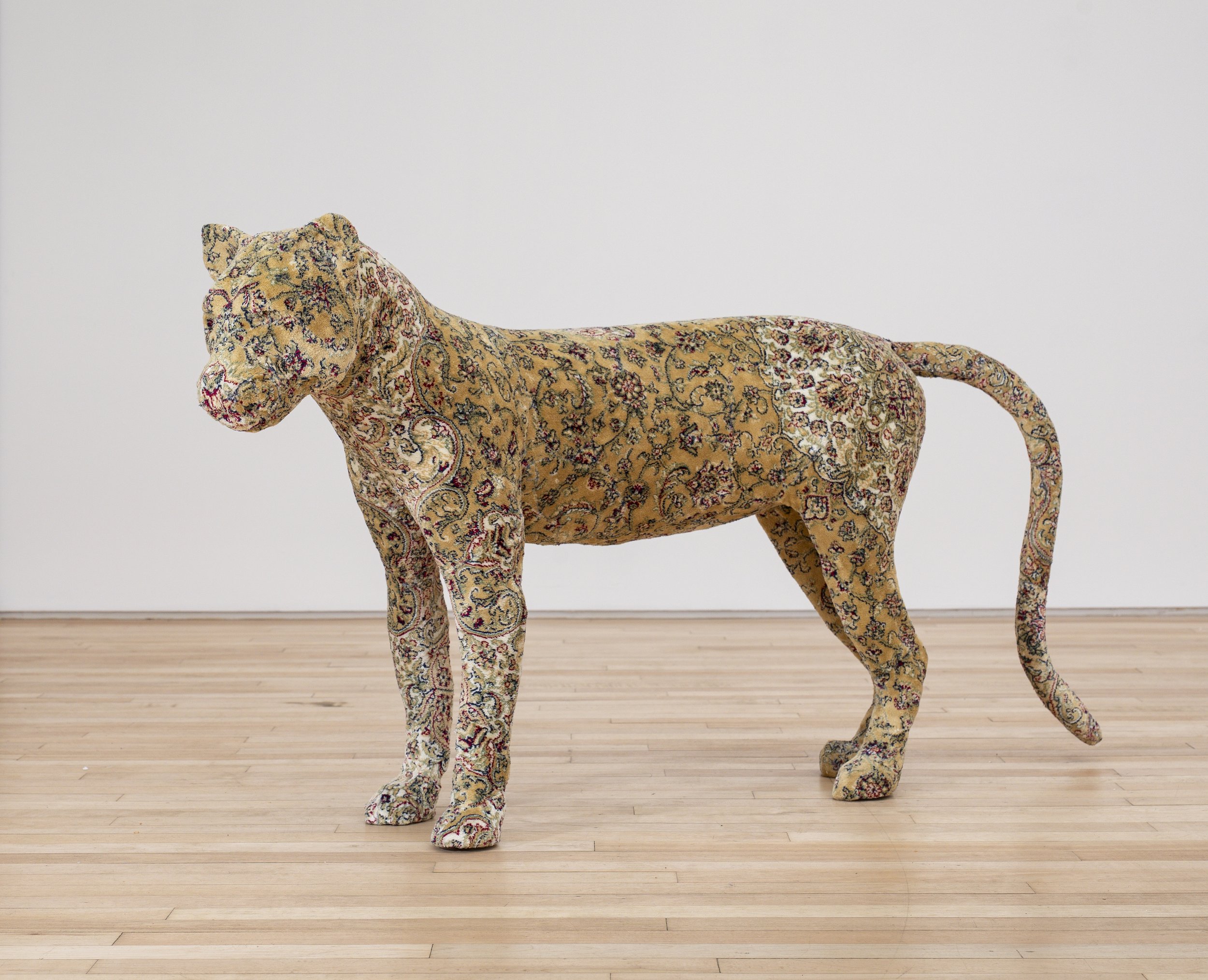 Debbie Lawson,  Gold Cougar,  2026, Carpet and mixed media, 70⅞ x 28¾ x 9½ in.