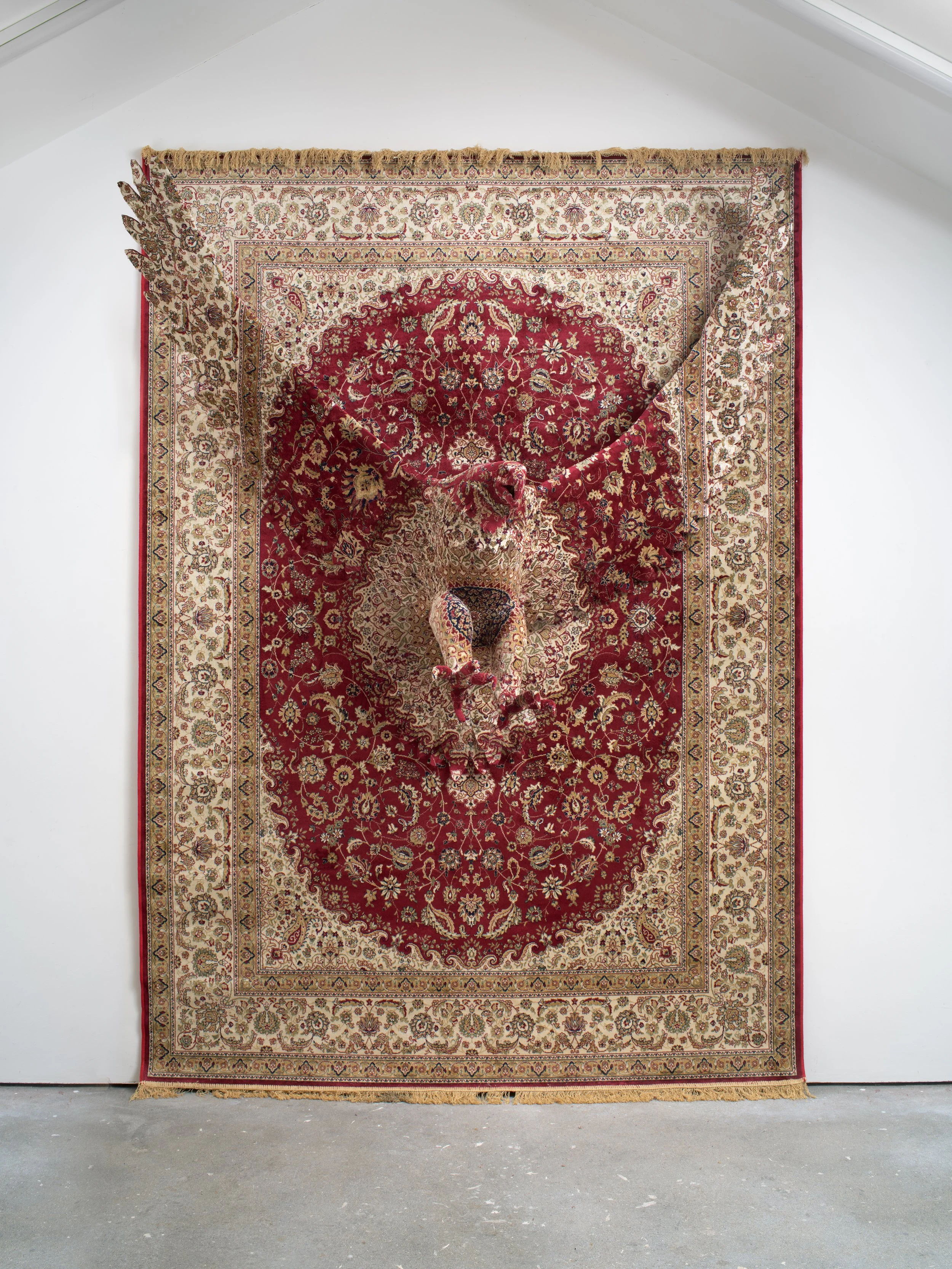 Debbie Lawson,  Red Eagle,  2026, Carpet, steel and mixed media, 116⅛ x 78¾ x 21⅝ in.
