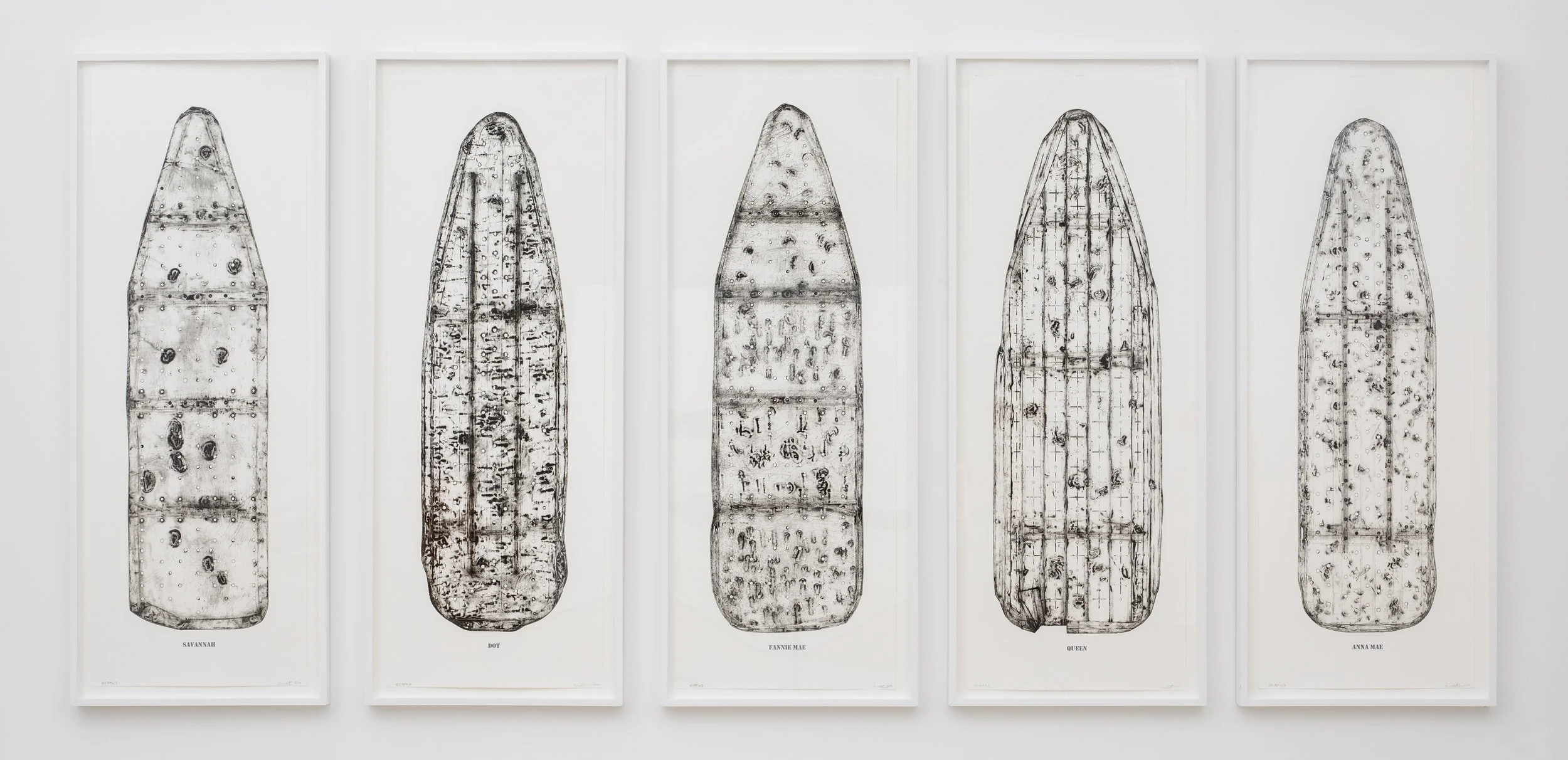 Willie Cole,  Five Beauties Rising,  2012, Suite of five prints; intaglio and relief, 63½ x 112½ in.