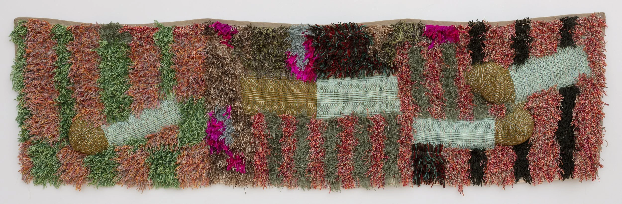 Sarah Zapata,  Crate Ruin II (Panel 3),  2026, hand-woven cloth, hand embroidery, and natural and synthetic fibers, 30 x 107 in.
