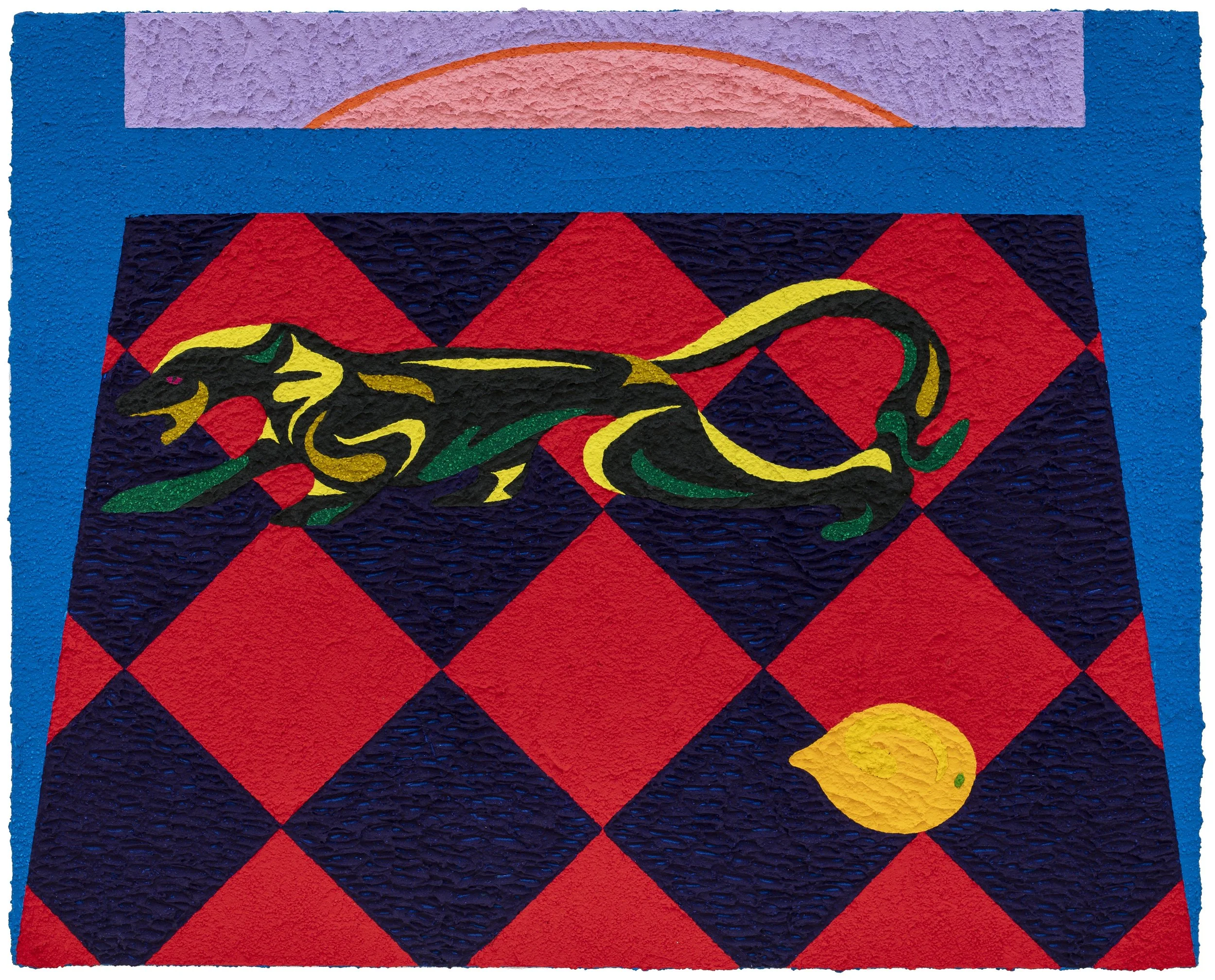 Carlos Rosales-Silva,  Sexy Ceramic Panther with Lemon,  2026, Glass bead and crushed stone in acrylic paint on panel, 24 x 30 in.