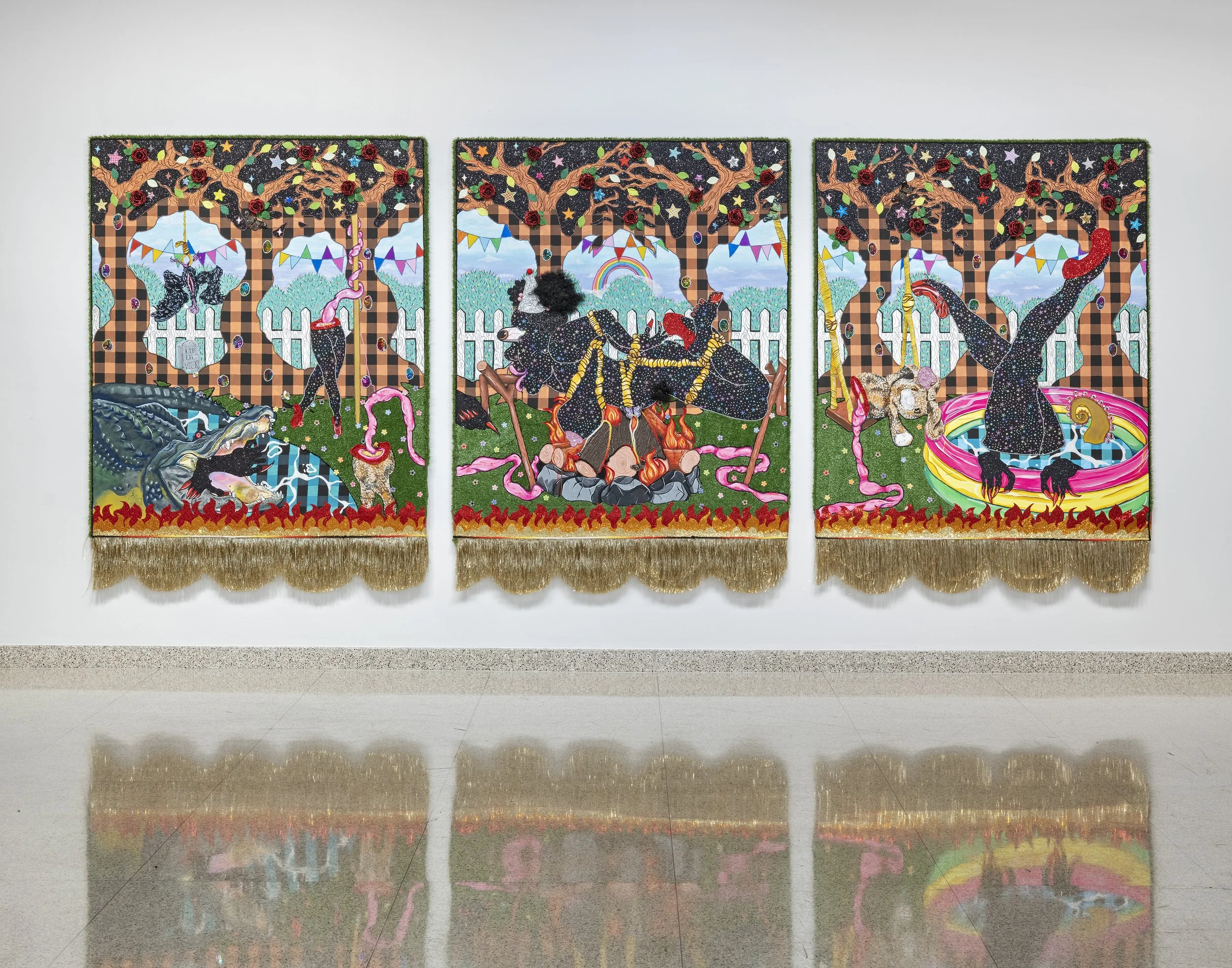 Victoria Dugger,  Naughty by Nature,  2025, Gouache, glitter, and astro turf on wood panel, 72 x 108 x 2 in.