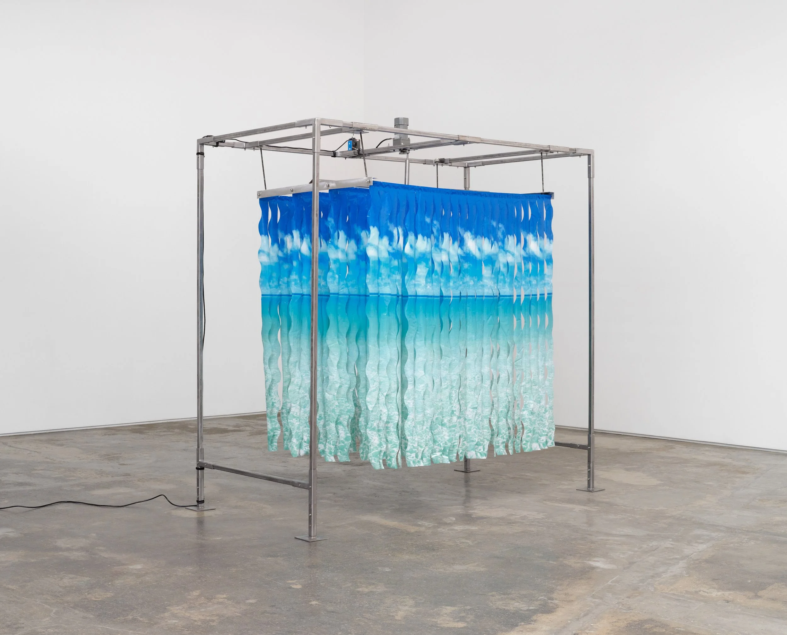 Rachel Youn,  CLEANSE (I’ll do it myself),  2024, Steel, aluminum, AC motor, hardware, nylon, UHMW, “Escape Photoreal Ocean” PEVA shower curtains, 106 x 106 x 56½ in.
