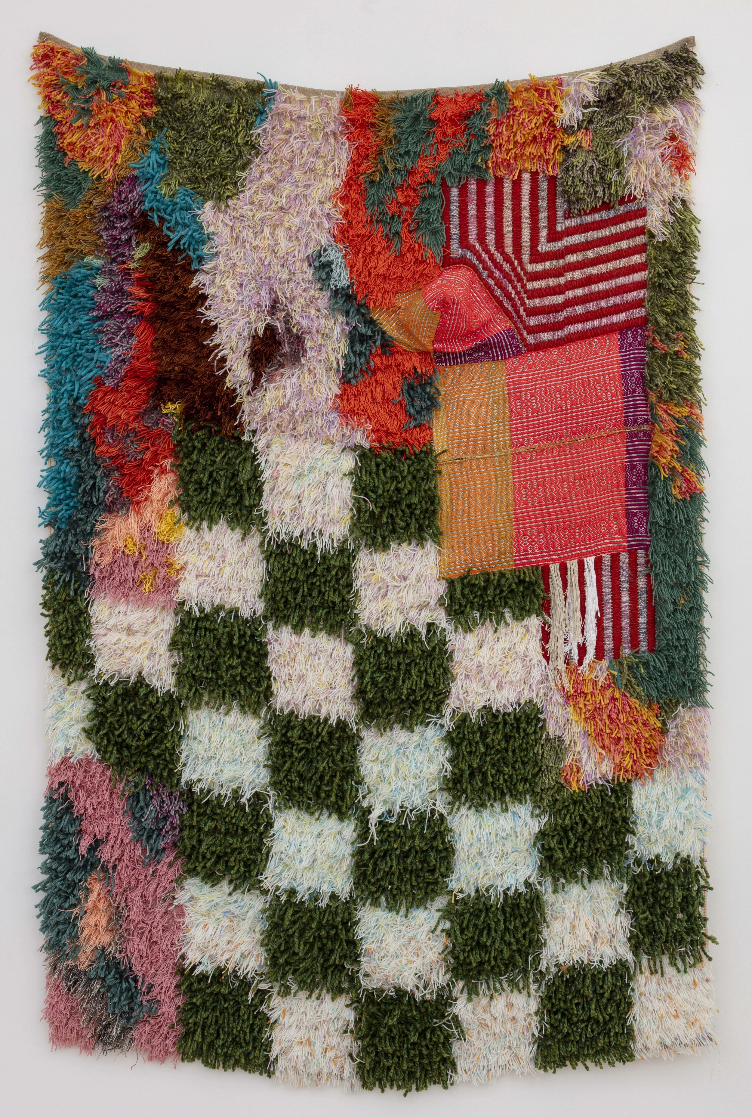 Sarah Zapata,  Crate Ruin I (Panel 1), 2026
hand-woven cloth, hand embroidery, and natural and synthetic fibers, 60 x 89 in.