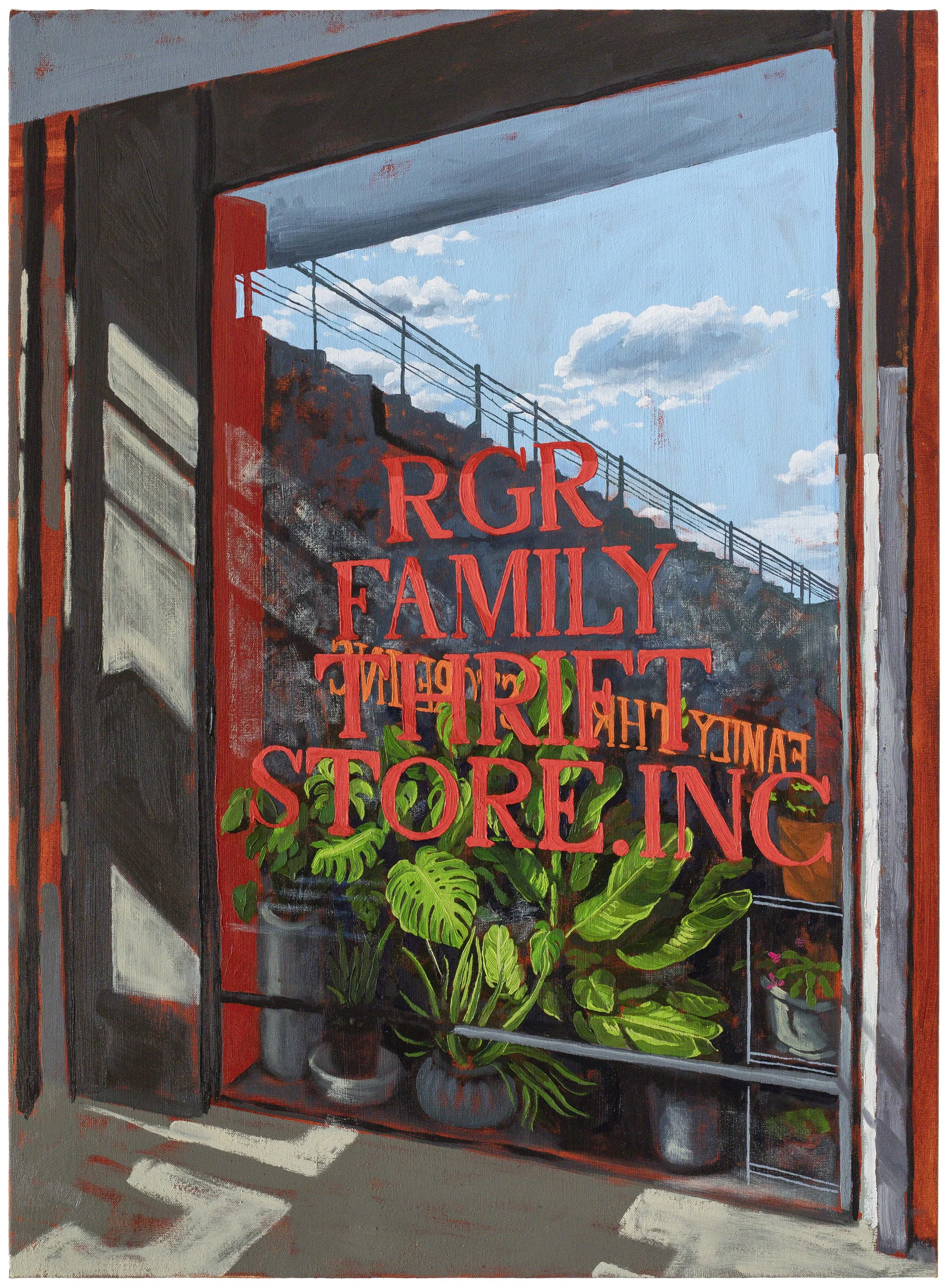 Charis Ammon,  Corner Thrift,  2025, Oil on canvas, 30 x 22 in.