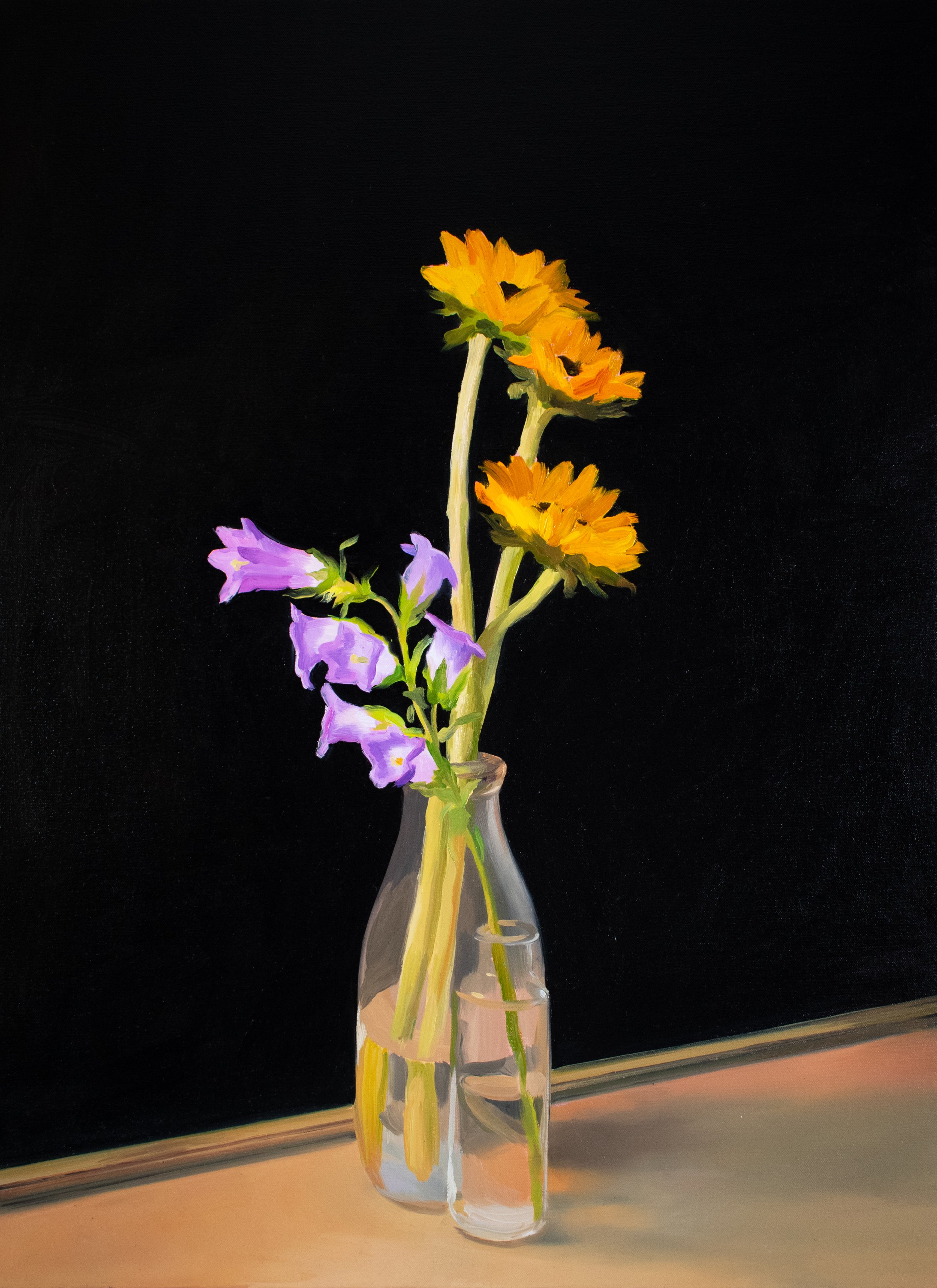 Brandi Twilley,  Sunflowers and Bellflowers,  2025, Oil on canvas, 30 x 22 in.