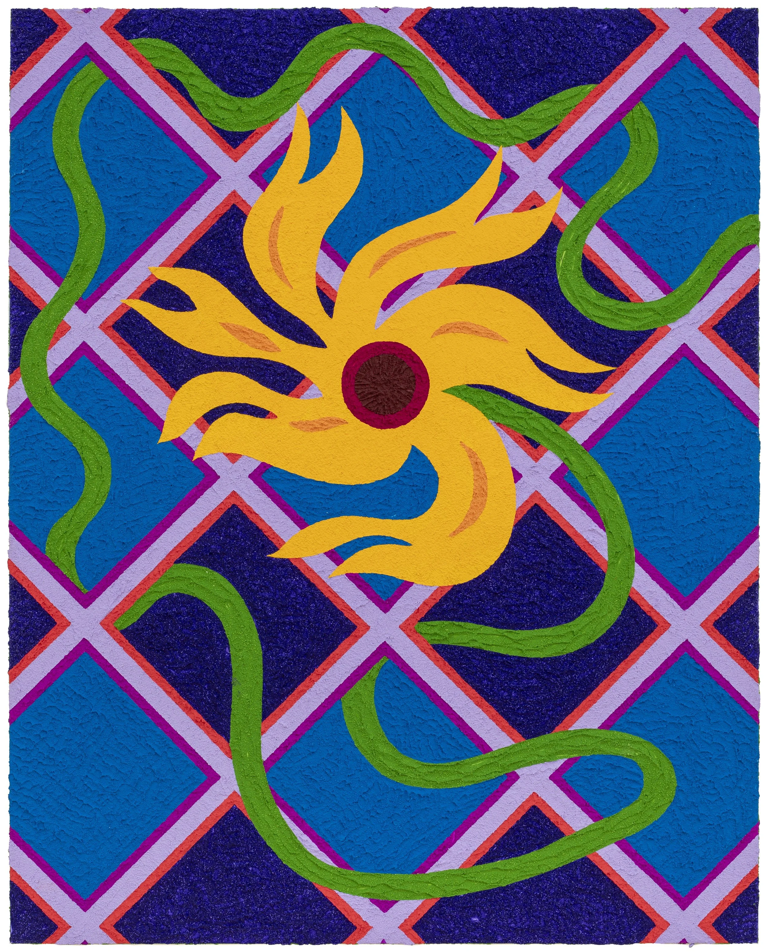 Carlos Rosales-Silva,  Flower Growing Thru a Fence All Day and Night,  2026, Glass bead and crushed stone in acrylic paint on panel, 54 x 50 x 3 in.