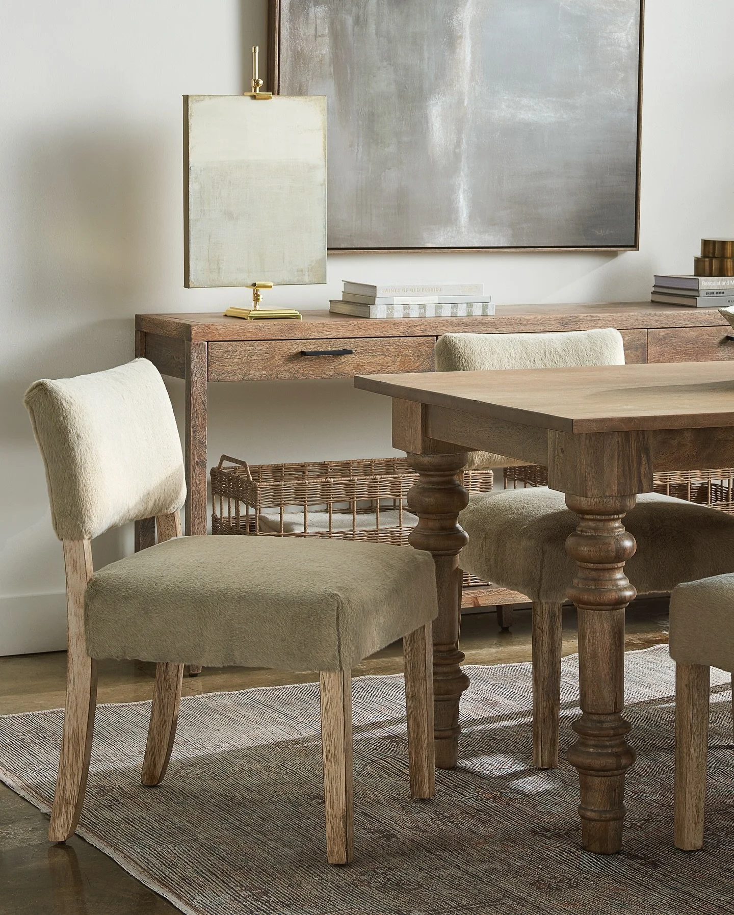 Create your dream dining space by bringing in natural texture, calming tones, and functional details. This setting is a favorite for its relaxed feel and timeless appeal.

Featured pieces:

Allen Dining Table: Crafted from solid mango wood in a distr