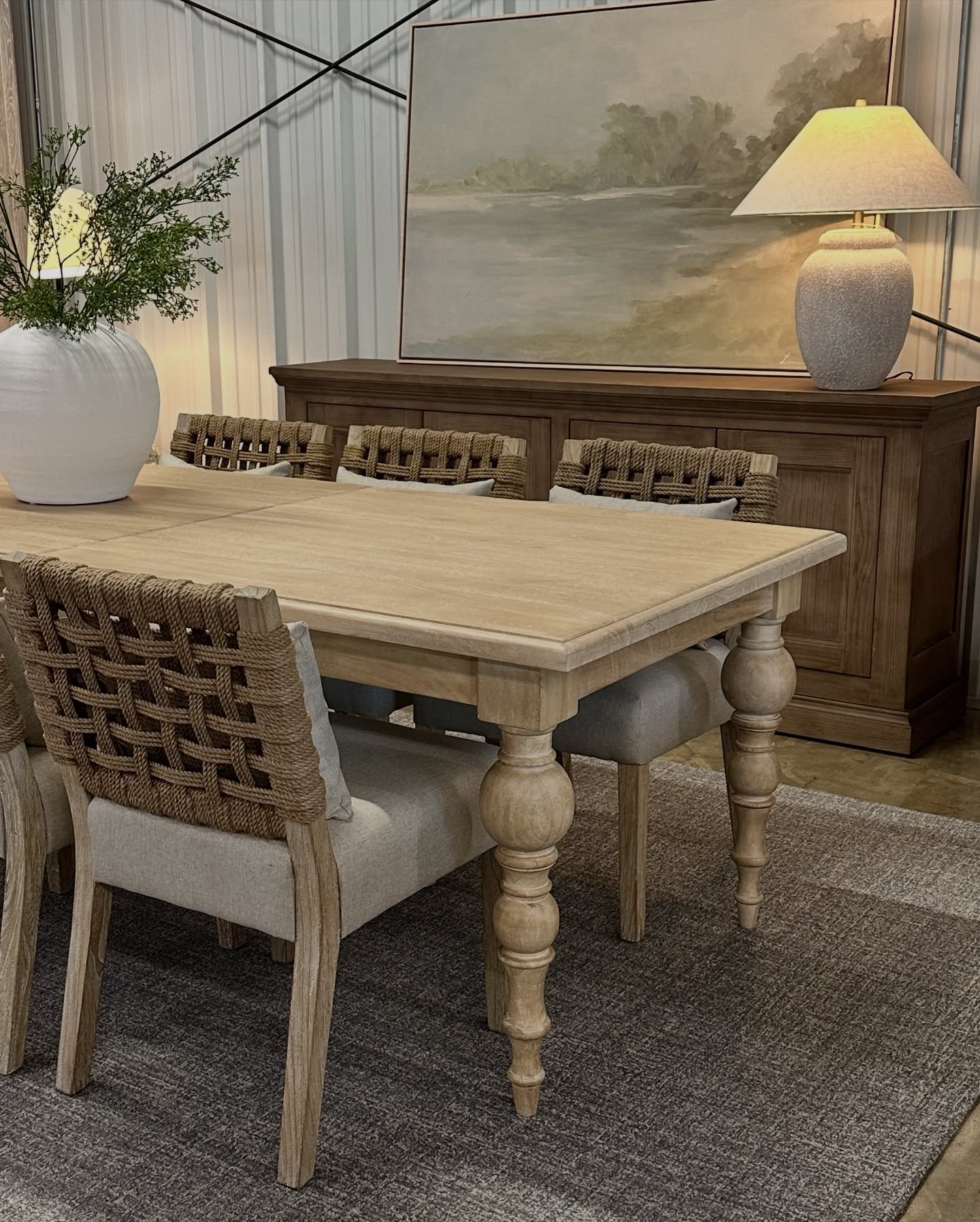 The soft, muted tones of whitewashed wood create an airy atmosphere, perfect for brightening up your space. The natural grain and woven rope detail on the Maya dining chairs add texture and warmth, while the kidney pillows add comfort. 

In combinati