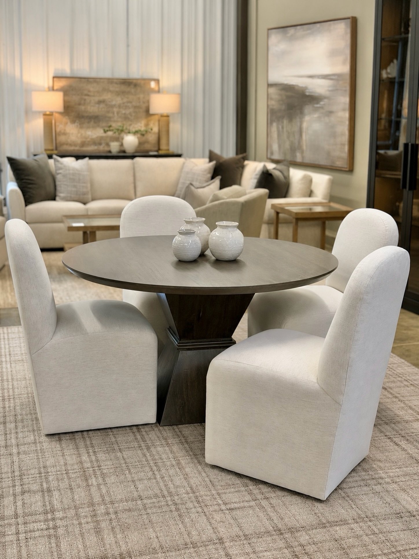 Meet the Diya 53&rdquo; round dining table &mdash; available now. Crafted from solid mango wood with a rich ash brown finish, this exclusive Southern Sky Home design features a sculptural pedestal base with collar moulding detail. 

Pair this table w