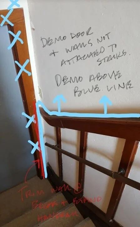 Rough concept drawing on how to open up historic stair to closer to original design.