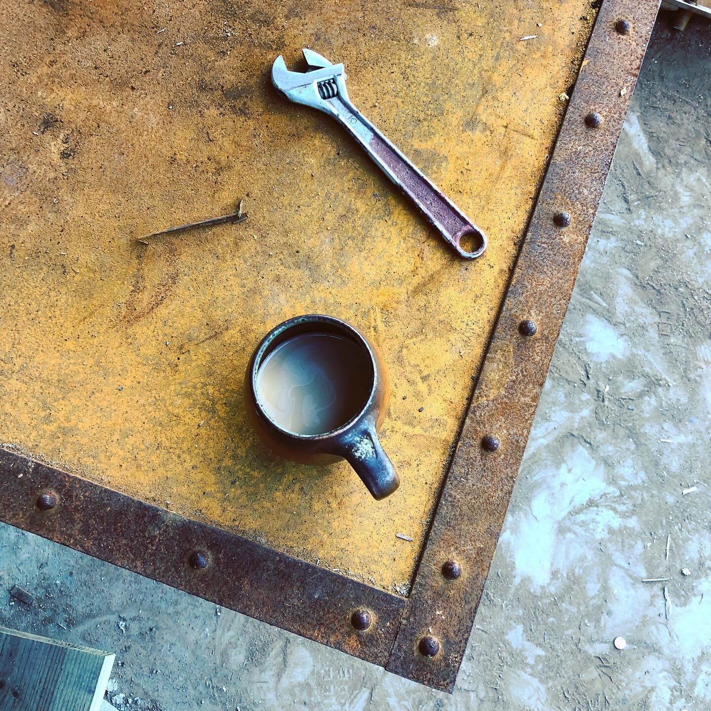 Morning coffee with my @benowenpottery mug at the @oldmarshalljail 
I&rsquo;ve been working at the jail mostly these days because there is a lot that needs done here but also because it&rsquo;s hard to know how to proceed with pottery making during C