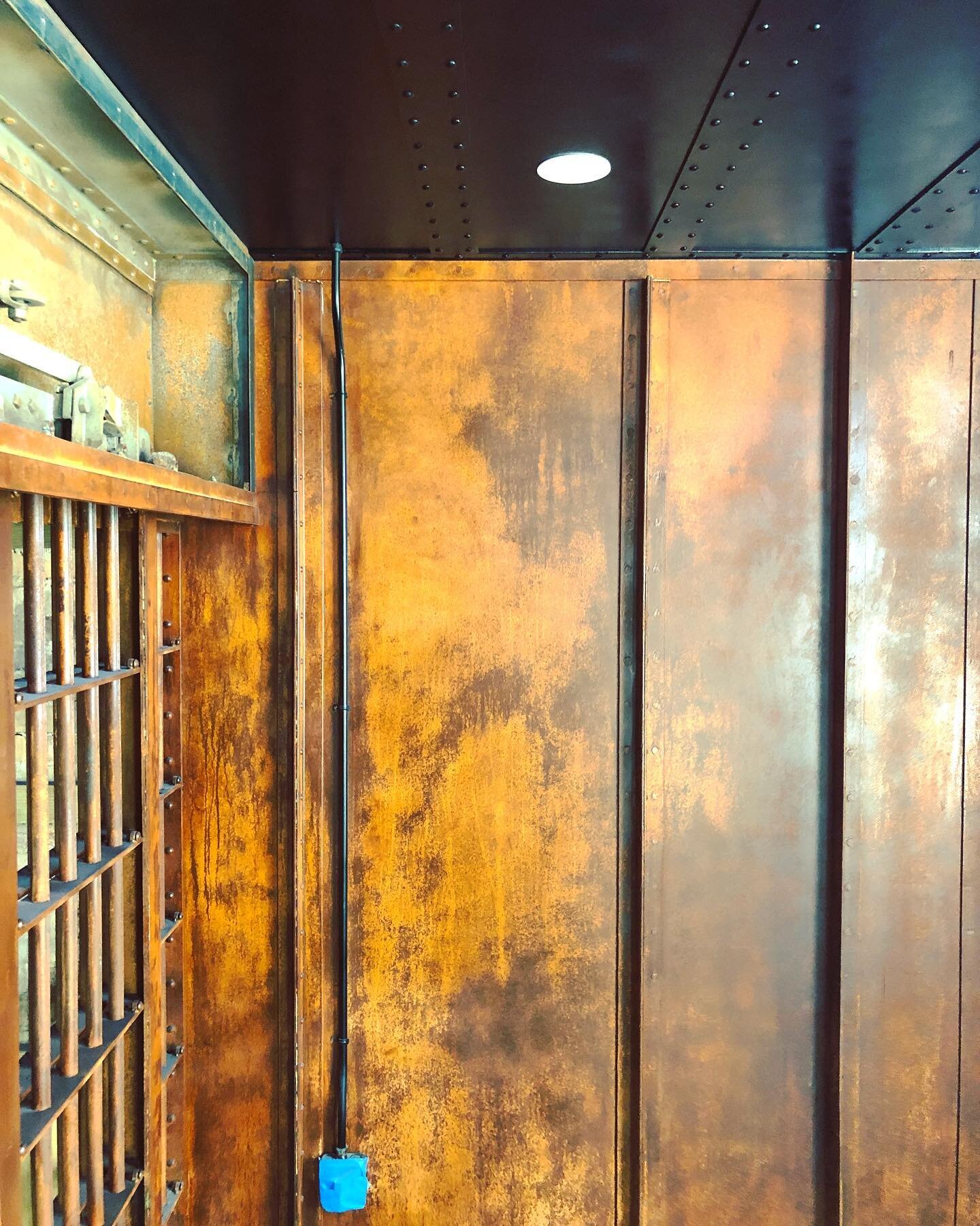 This week I&rsquo;ve been working on the @oldmarshalljail finishing out the metal walls with rust patina. 
This image doesn&rsquo;t really do the surface justice, but it comes close. 
I&rsquo;m in love with it, partly because it feels very much like 