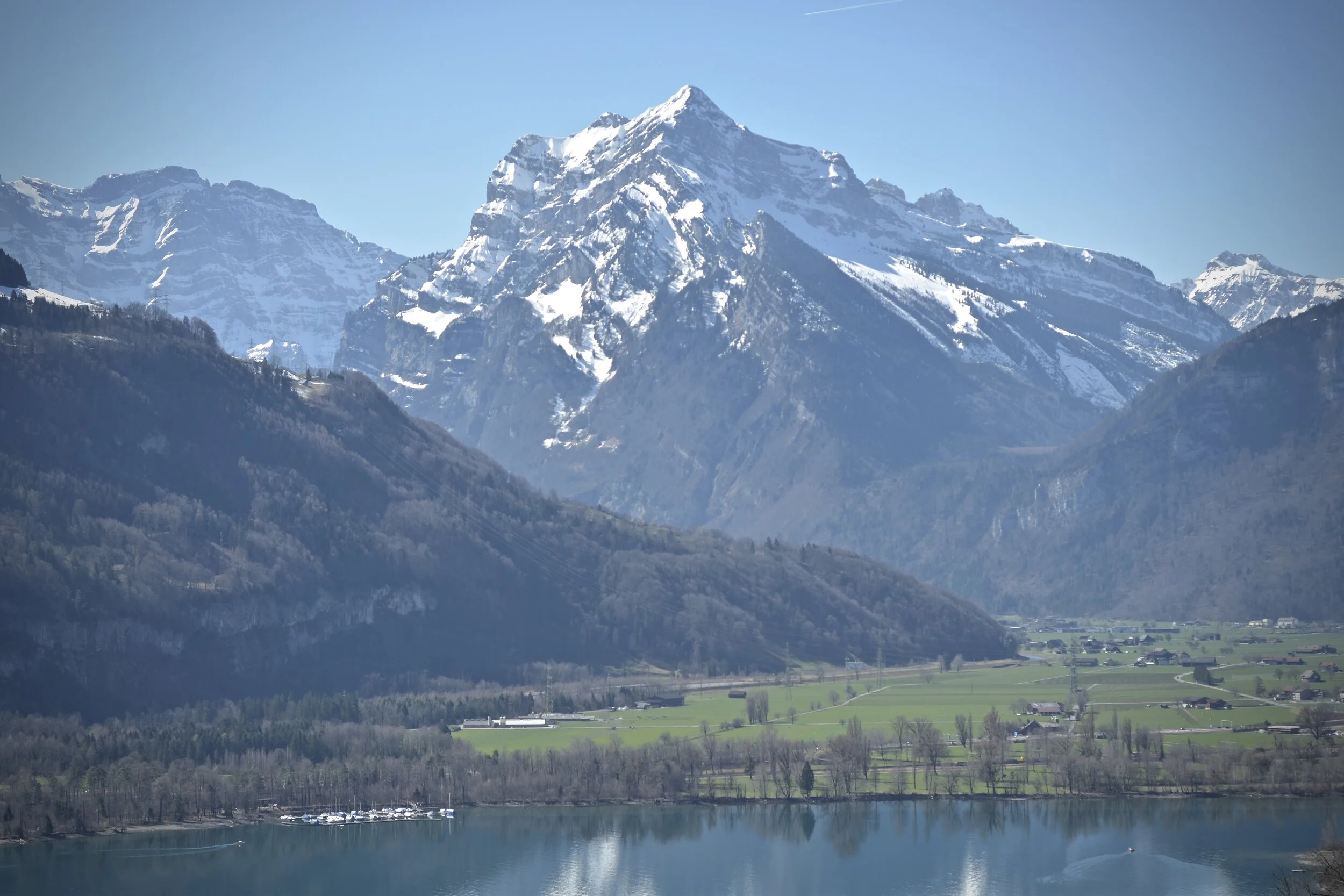 View of Mt. Routispitz over lake Walensee.