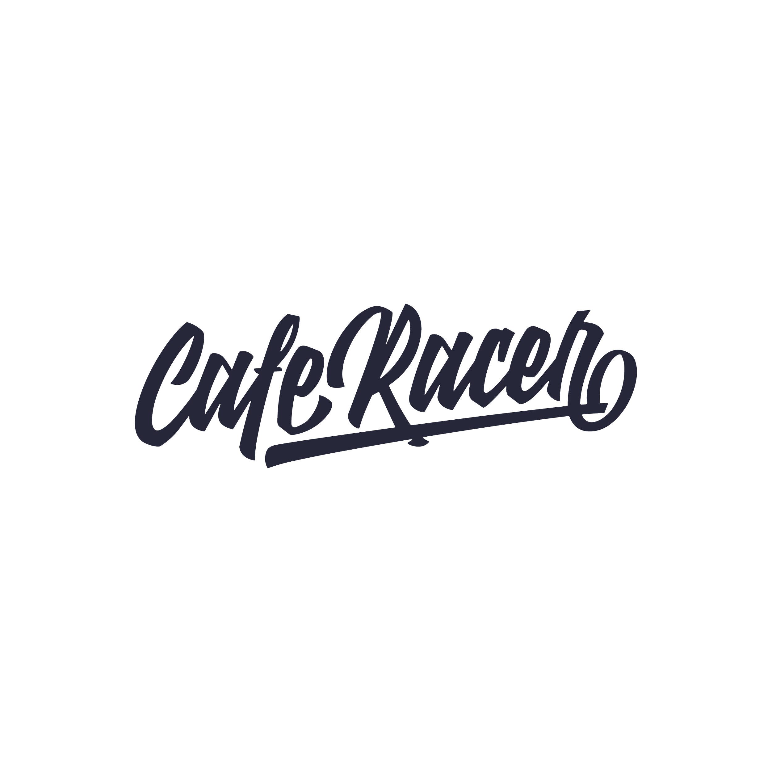 Logo for Cafe Racello written in stylized dark blue cursive font on a black background.