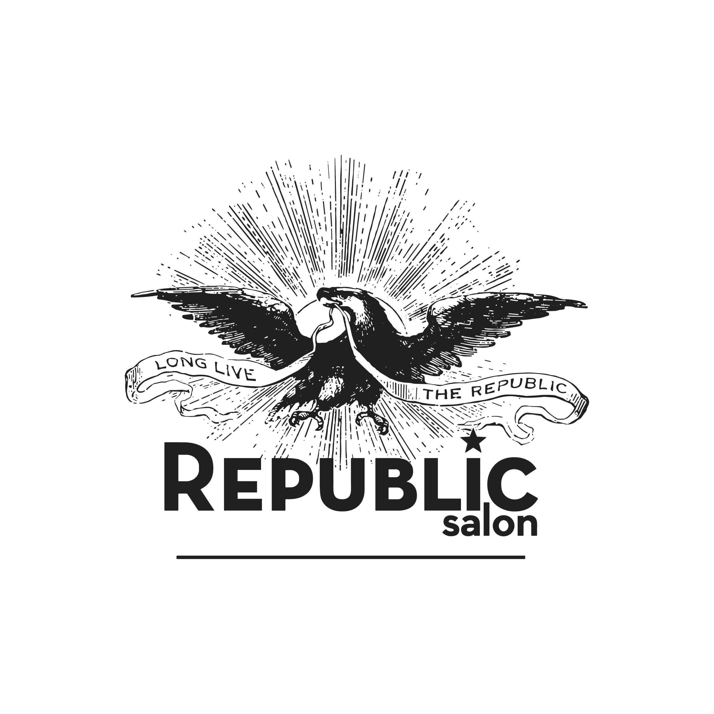 Logo for Republic Salon featuring a stylized eagle with spread wings and rays of light emanating from it, with the slogan 'Long Live the Republic' and the words 'REPUBLIC salon' beneath.