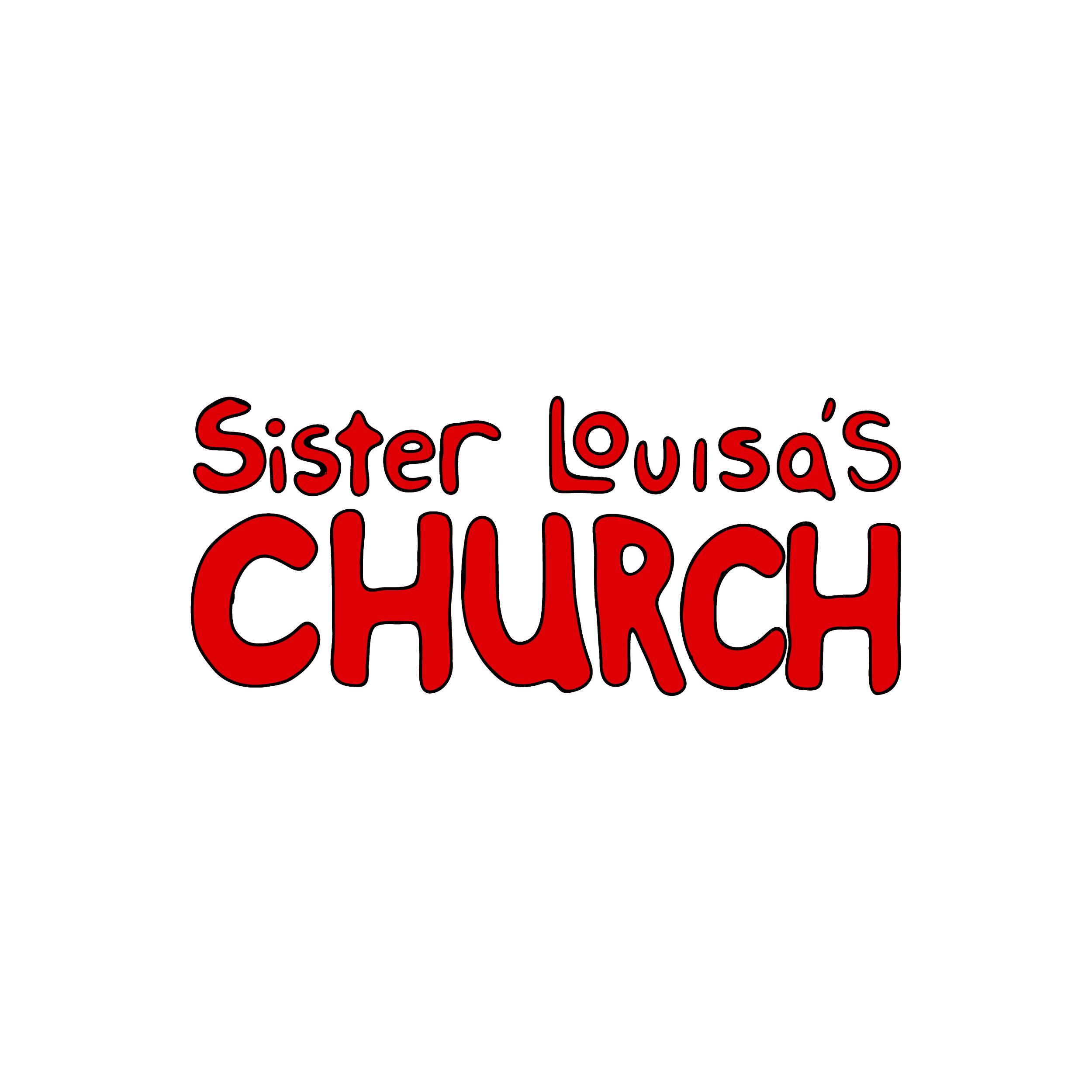 Logo of Sister Louisa's Church with red and black text on a black background.