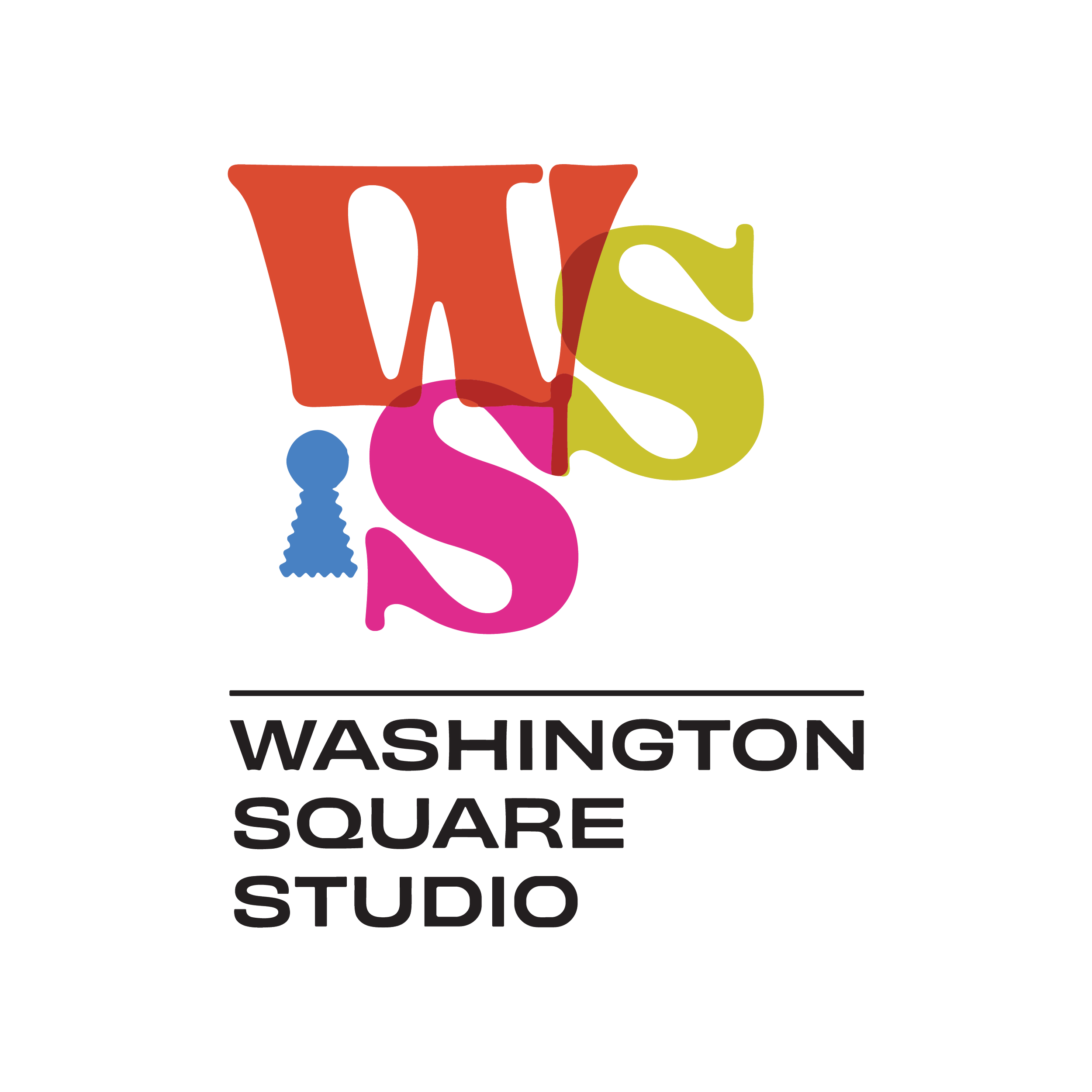 Colorful overlapping letters 'W', 'S', 'S' above the text 'Washington Square Studio' on a black background.