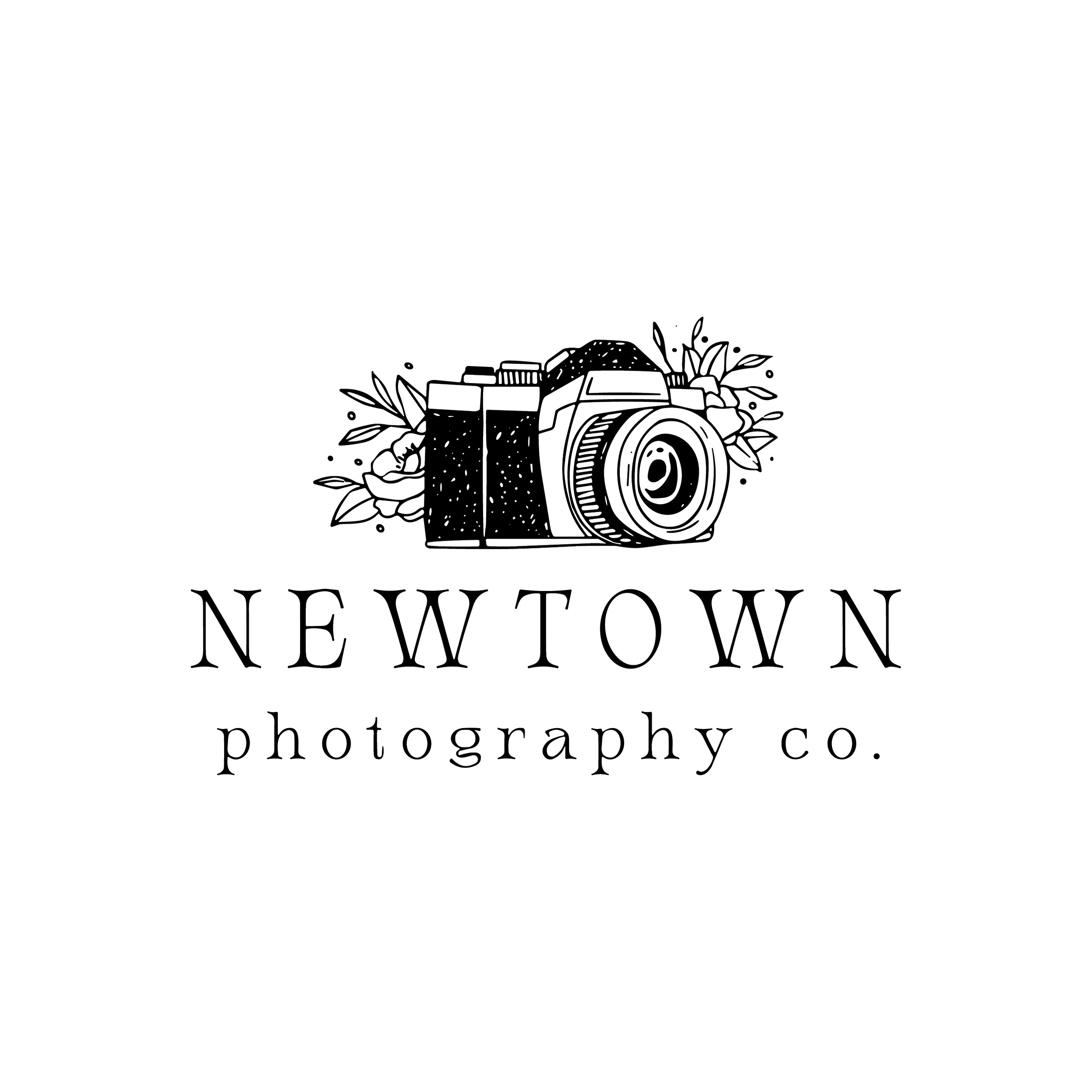 Logo for Newtown Photography Co. featuring a line drawing of a camera with leaves around it.