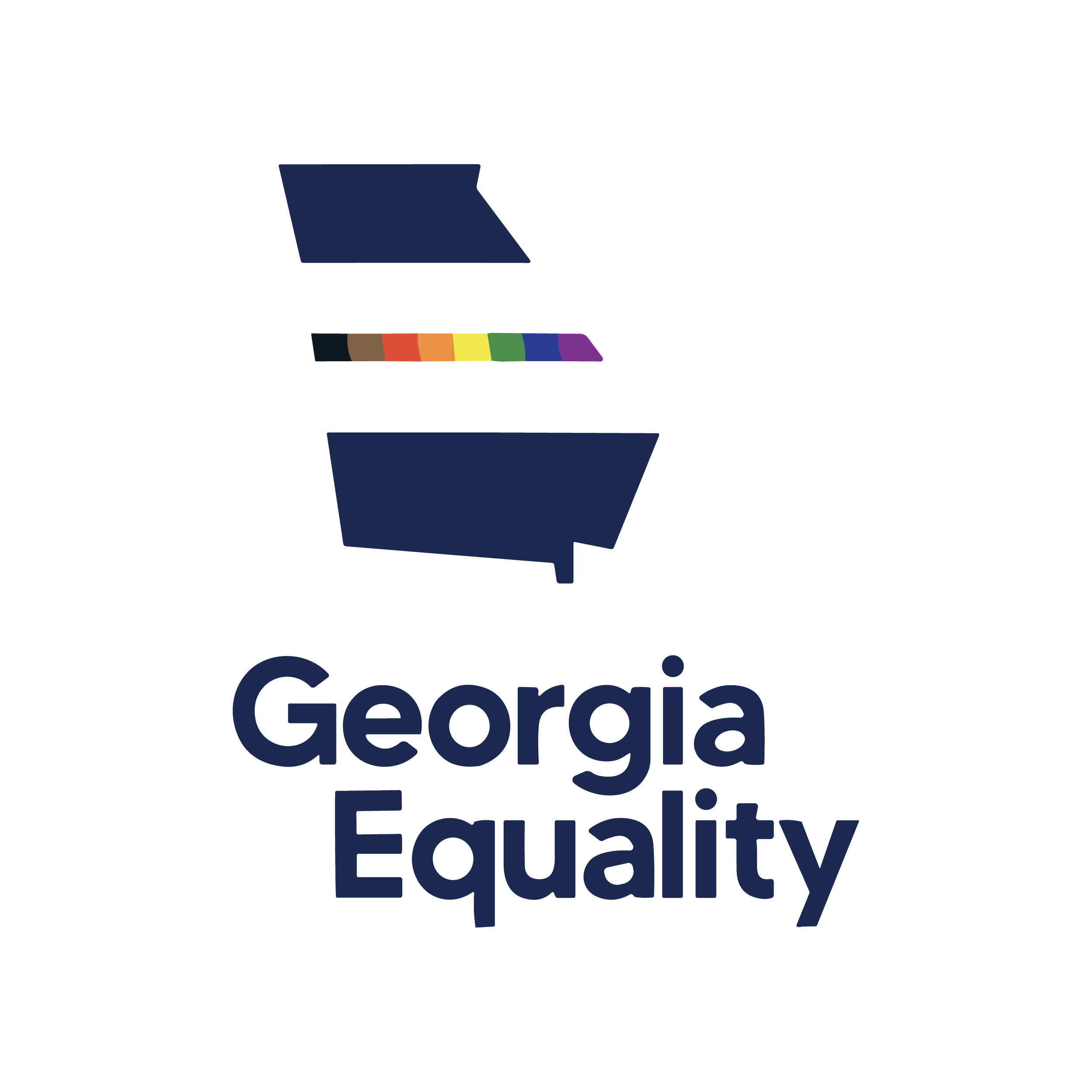 Logo of Georgia Equality featuring a stylized map of Georgia with rainbow color bar and the organization's name in bold navy blue text.