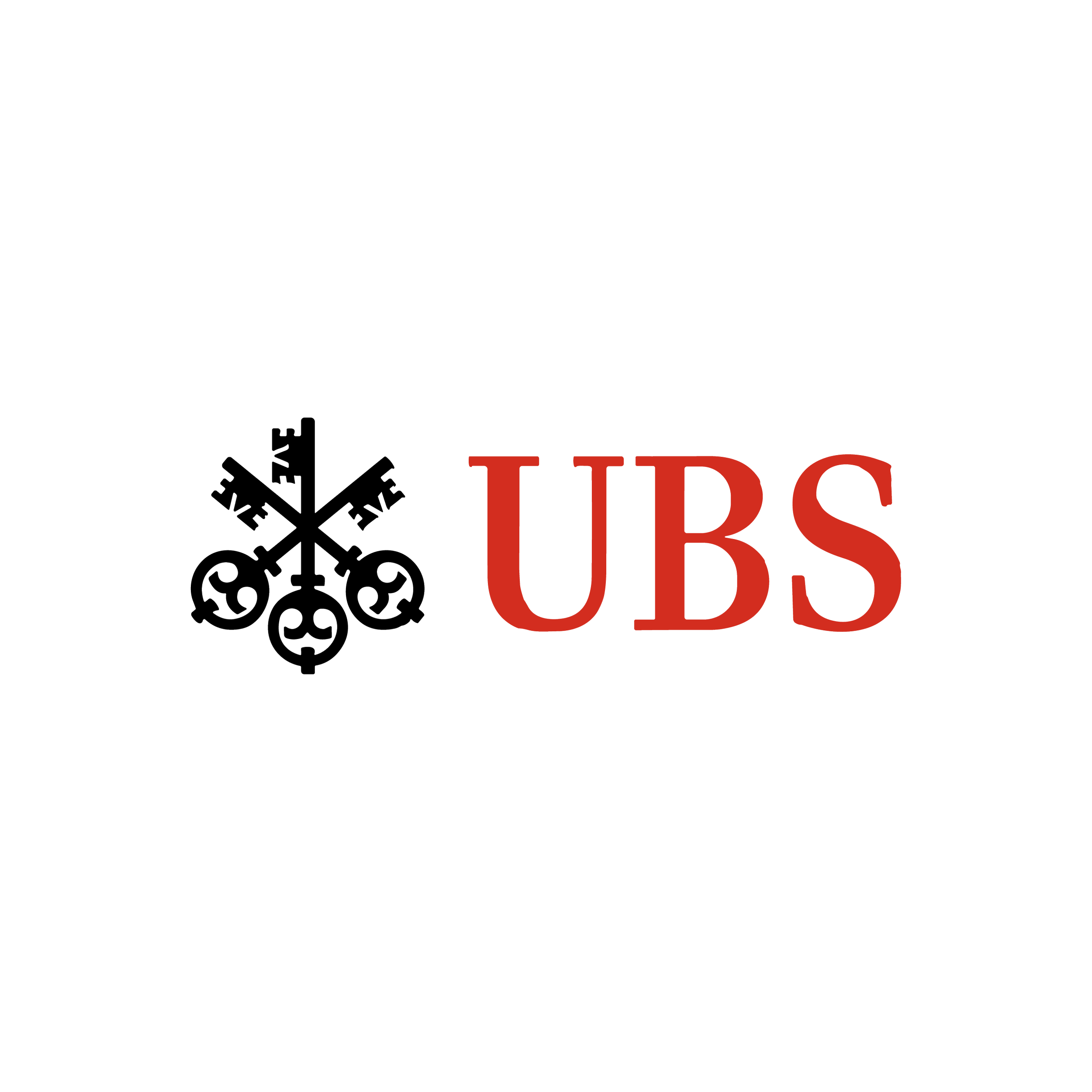 UBS logo with black background, featuring a black and red color scheme, with a symbol of two keys and the text 'UBS' in red.