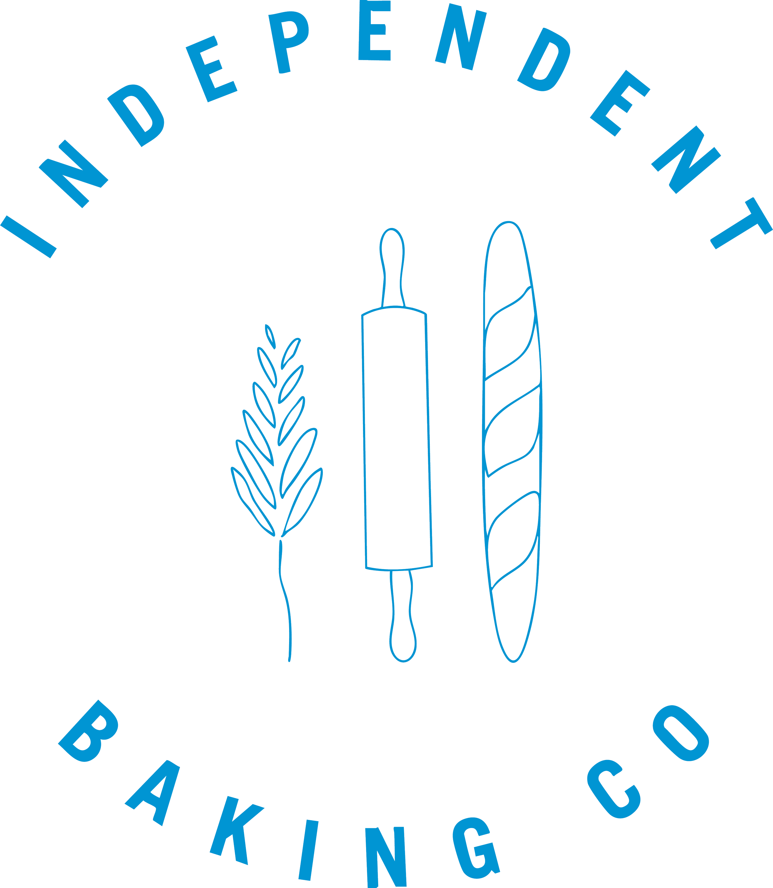Logo with the text 'Independent Baking Co' arranged in a circle around a line drawing of a wheat stalk, a rolling pin, and a baguette.